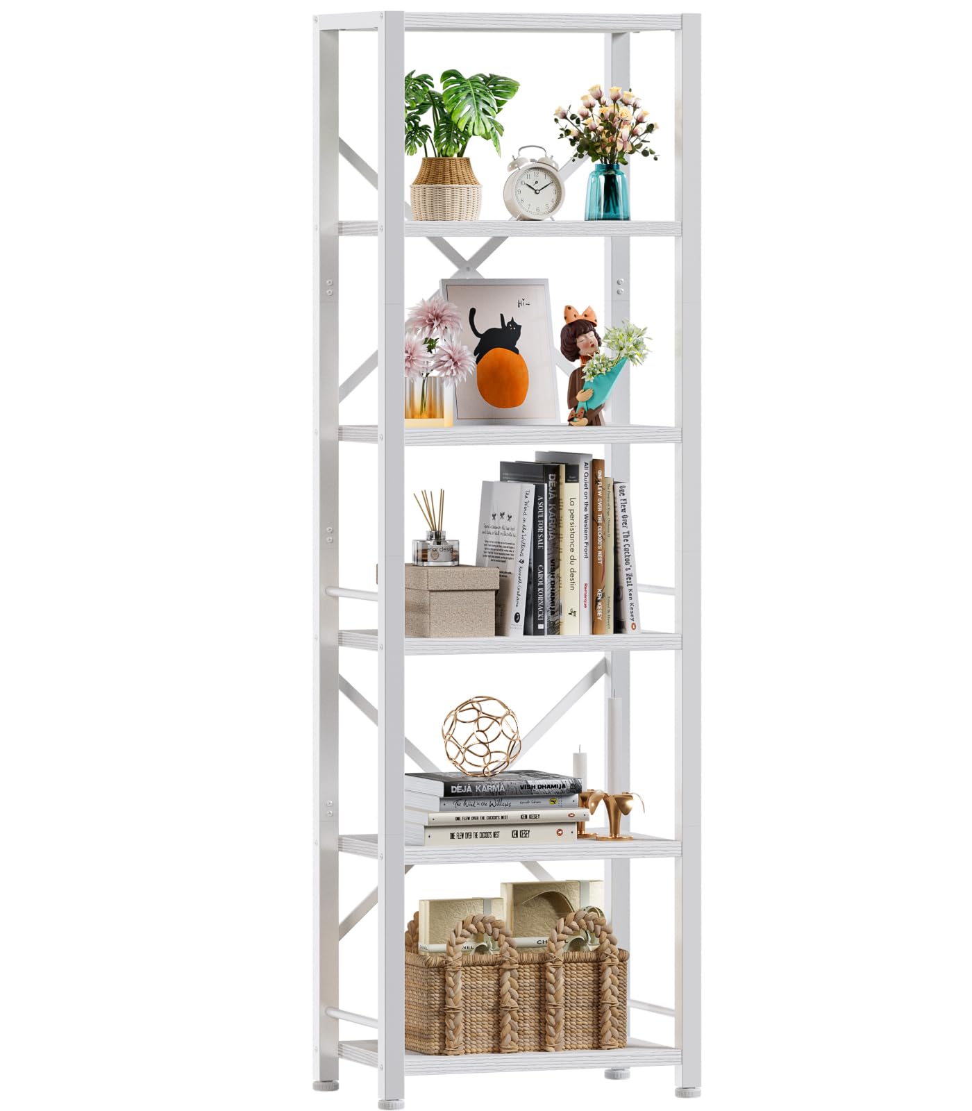 Furologee White Tall Bookshelf, Narrow Bookcase with 6 Shelves, Modern Freestanding Shelf Units, Metal and Wood Display Storage 