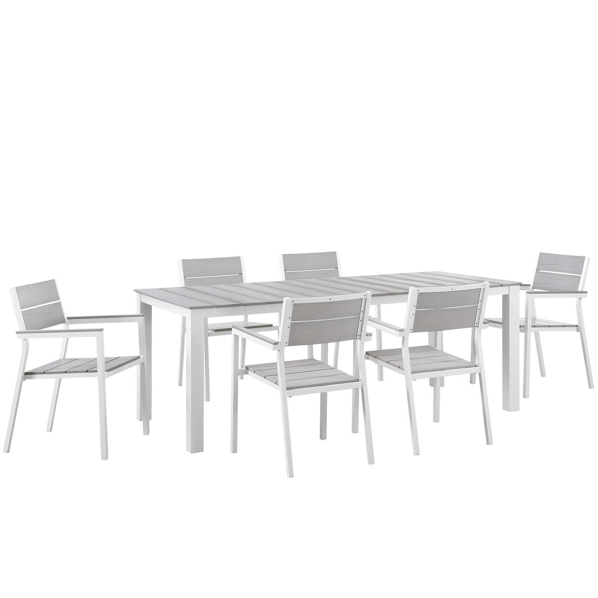 lm Modway Maine 7-Piece Aluminum Dining Table and Chair Outdoor Patio Set in White Light Gray