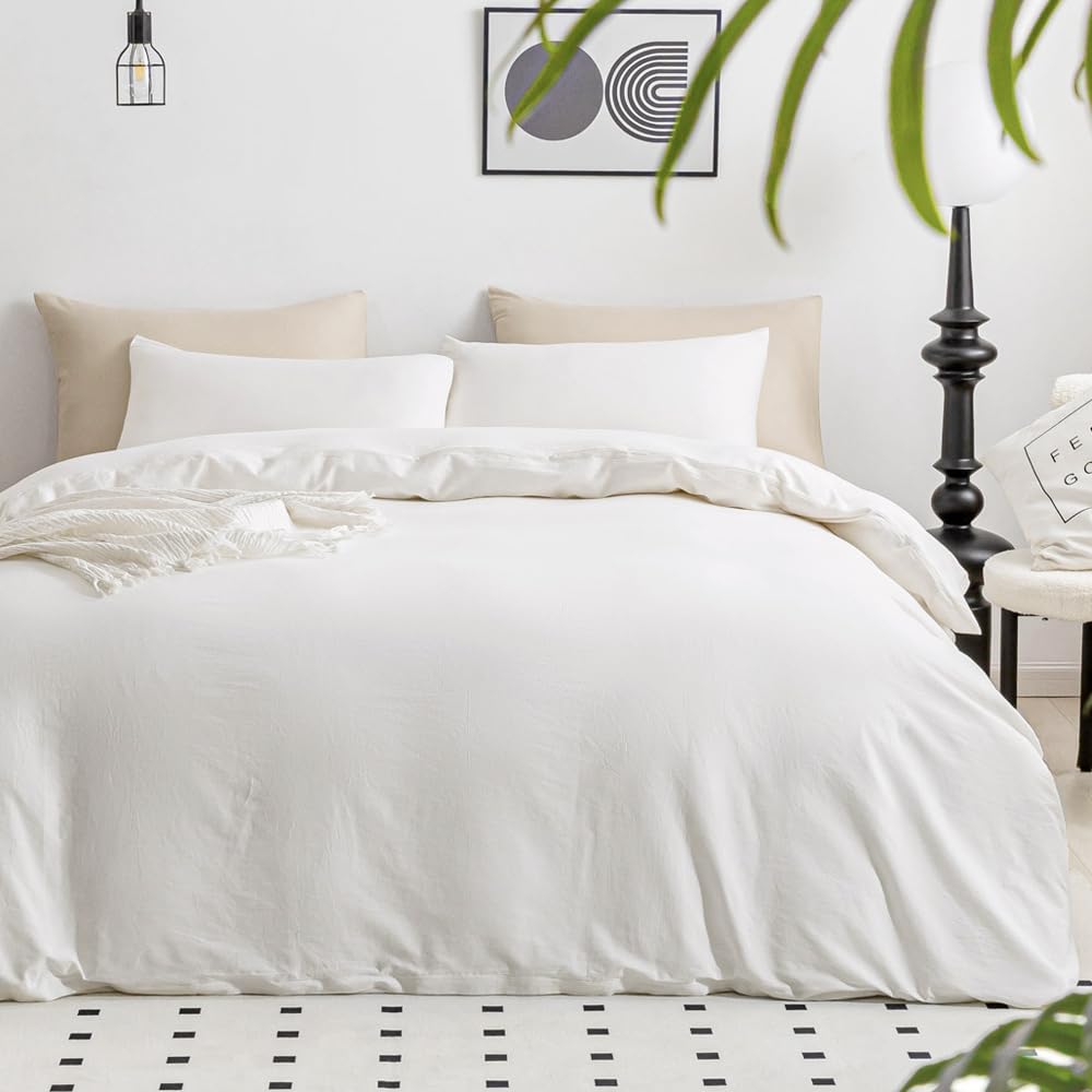 Jellymoni Bedding Duvet Cover King Size - 100% Washed Cotton Linen Feel Textured Comforter Cover, 3 Pieces Lightweight Soft Bedd