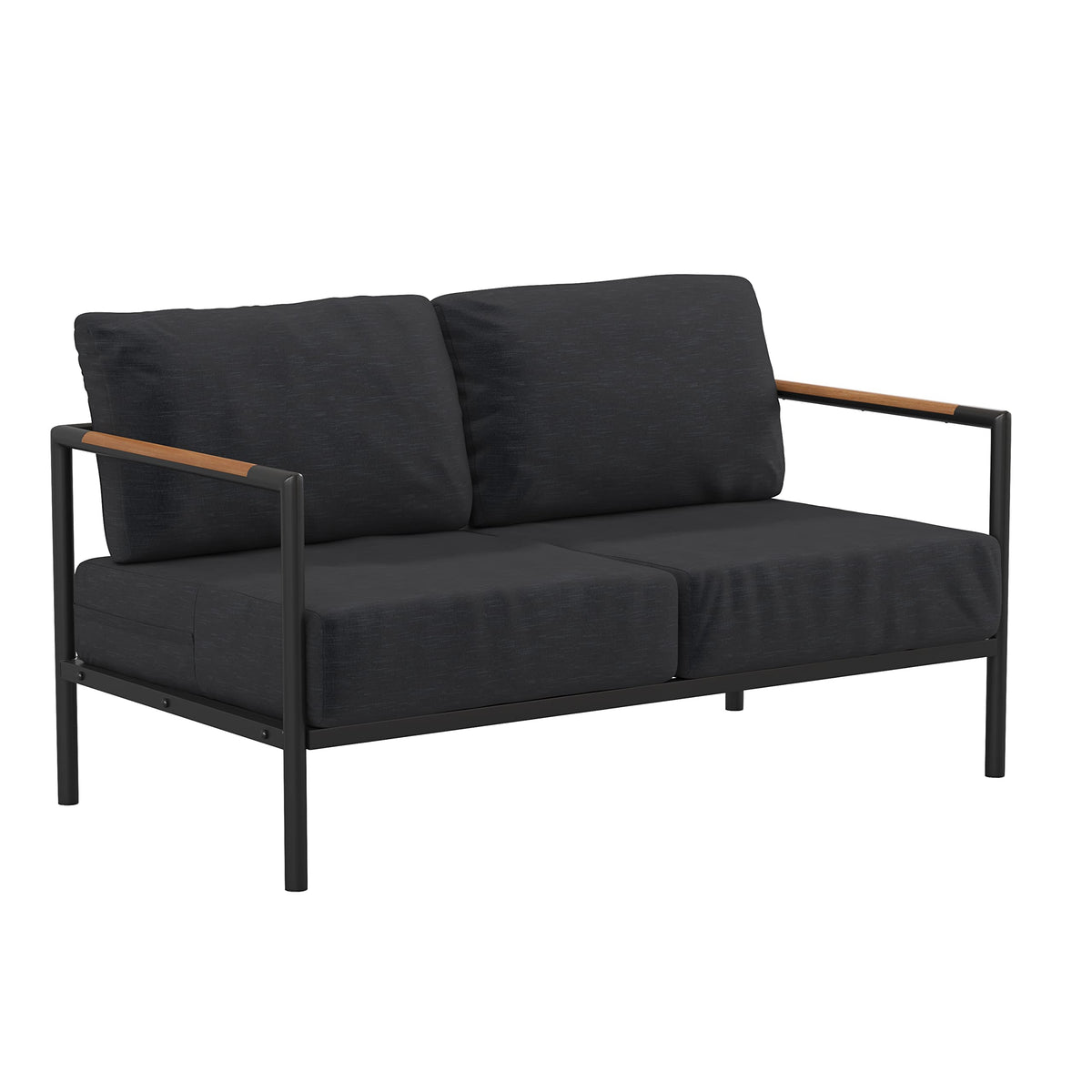 Flash Furniture Lea Indoor/Outdoor Loveseat with Cushions-Modern Aluminum Framed Loveseat with Teak Accent Arms, Black with Charcoal Cushions