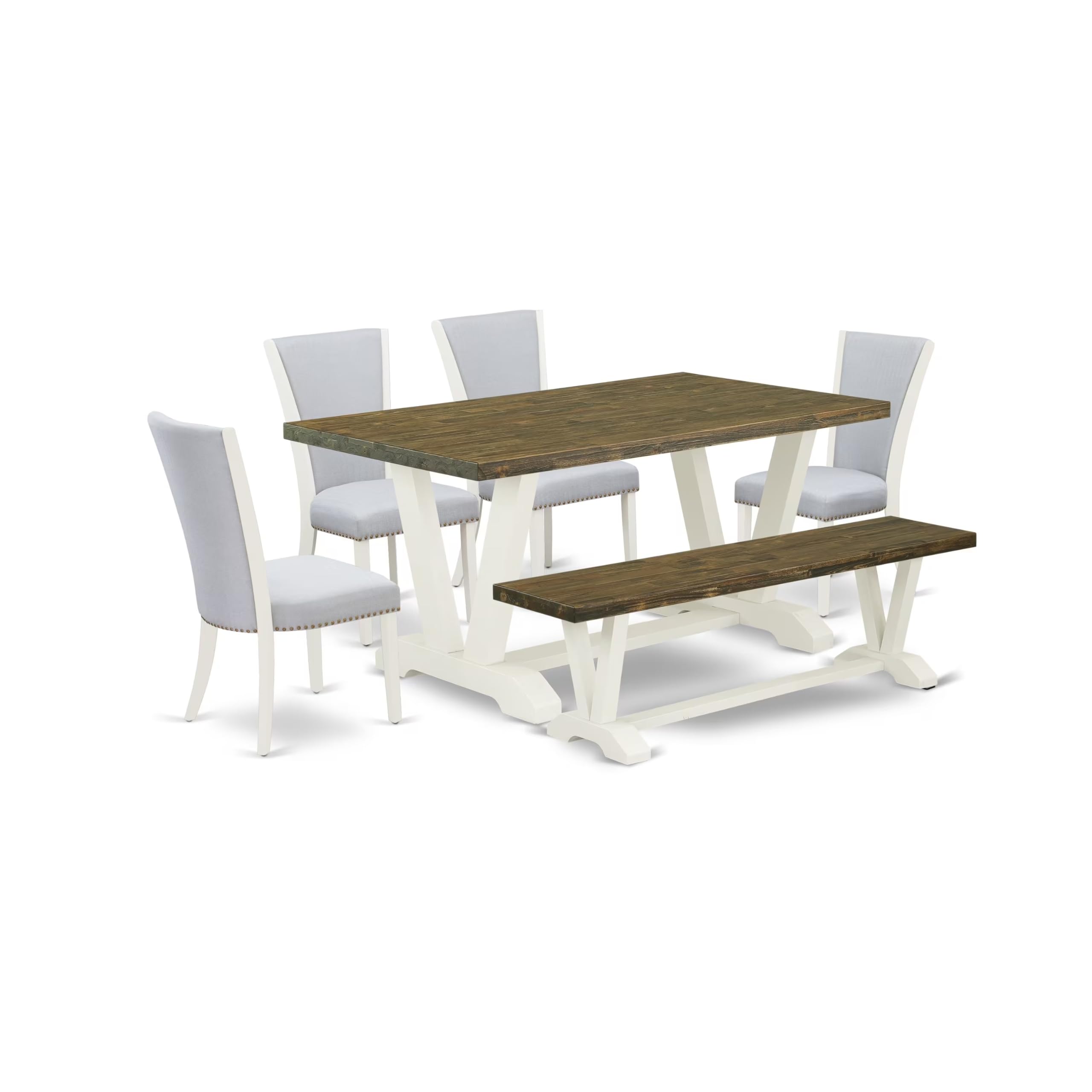 East West Furniture V076VE005-6 6 Piece Kitchen Table Set Contains a Rectangle Dining Table with V-Legs and 4 Grey Linen Fabric Parson Chairs with a Bench, 36x60 Inch, Multi-Color