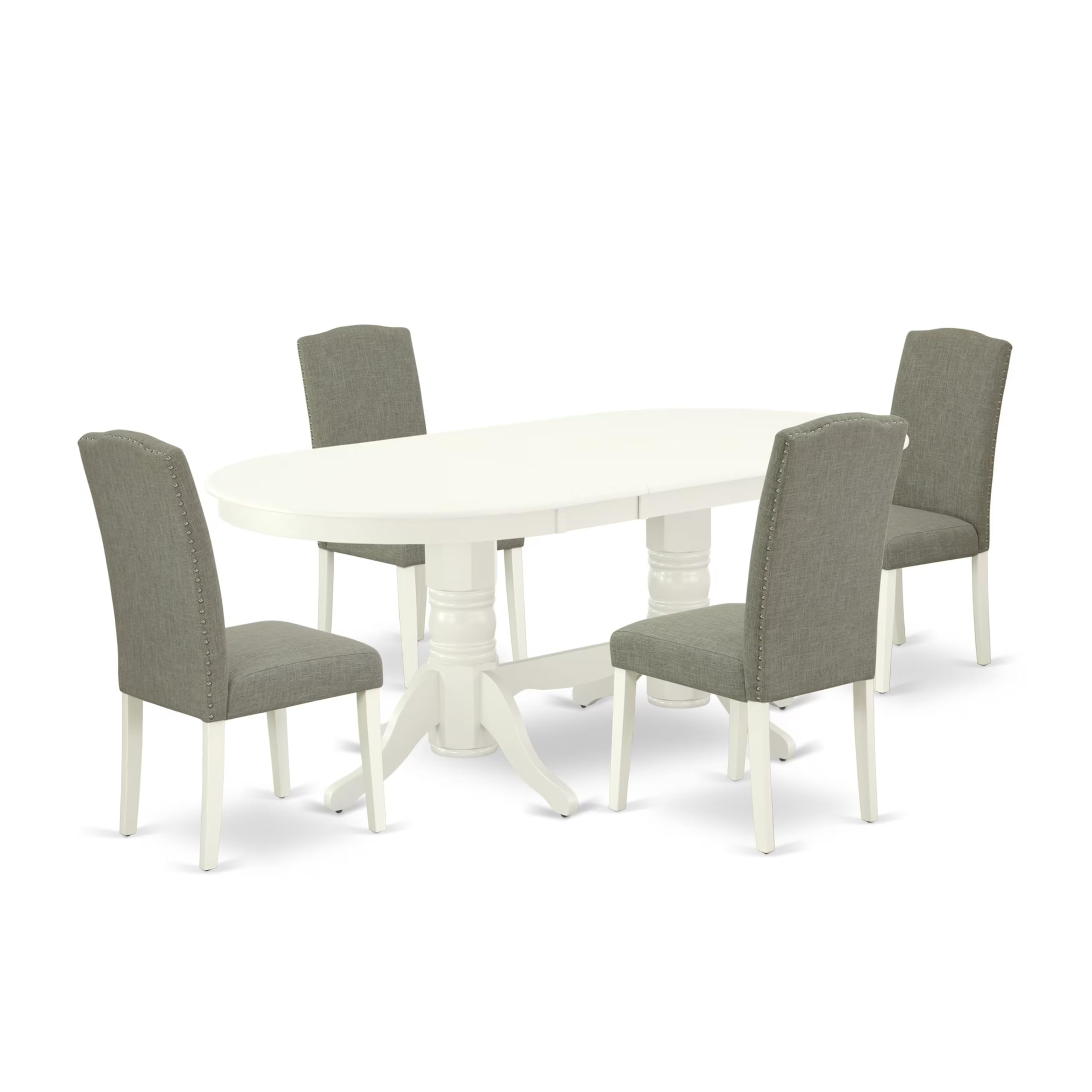 East West Furniture Vaen5-Lwh-06 5 Piece Dining Table Set Includes An Oval Kitchen Table With Butterfly Leaf And 4 Dark Shitake Linen Fabric Parson Dining Chairs, 40X76 Inch, Linen White