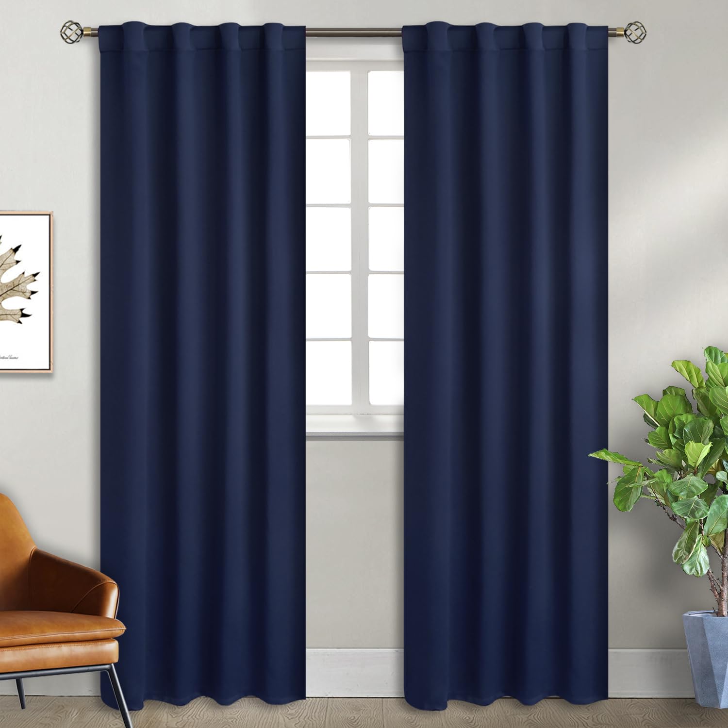 Bgment Rod Pocket And Back Tab Blackout Curtains For Bedroom - Thermal Insulated Room Darkening Curtains For Living Room, 2 Window Curtain Panels (38 X 84 Inch, Navy Blue)