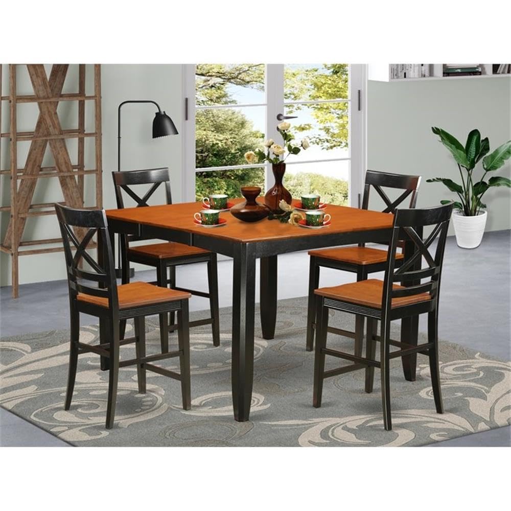 East West Furniture FAQU5H-BLK-W 5 Piece Counter Height Pub Set Includes a Square Dining Table with Pedestal and 4 Kitchen Dining Chairs, 54x54 Inch, Black & Cherry