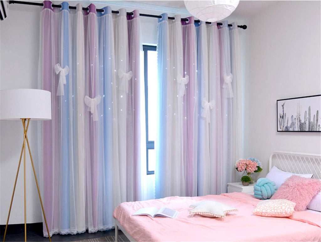 Yancorp Curtains For Girls Bedroom Kids Curtain Hollow-Out Star Window Drapes Curtain 84 Inches Length Room Darkening Grommet 2 Layers,1 Panel (Pink Blue, W52 X L84)