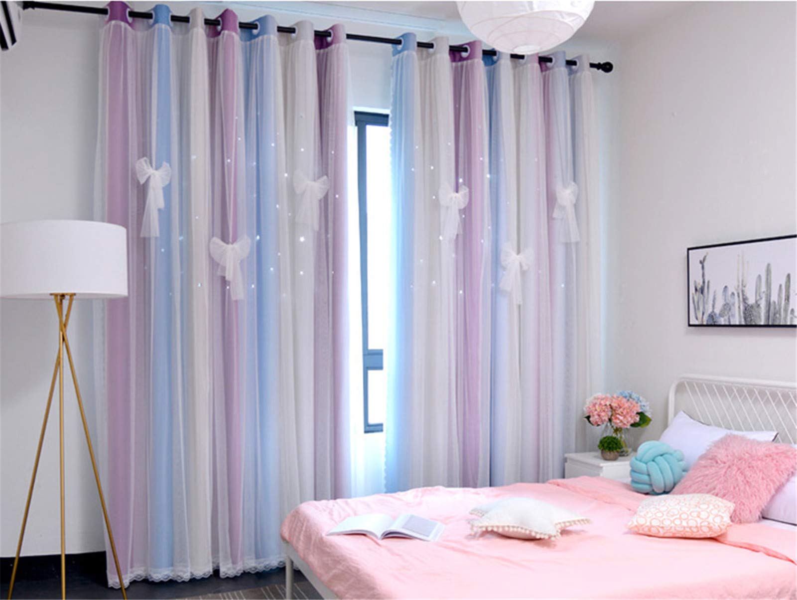 Yancorp Curtains For Girls Bedroom Kids Curtain Hollow-Out Star Window Drapes Curtain 84 Inches Length Room Darkening Grommet 2 Layers,1 Panel (Pink Blue, W52 X L84)