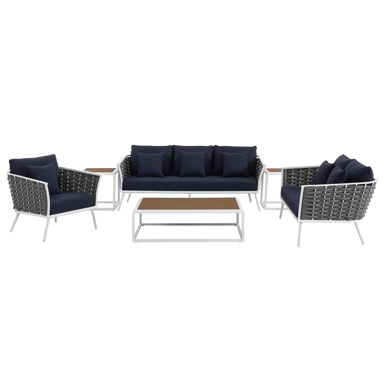 Modway Stance Outdoor Patio Aluminum Sectional Sofa Set, 6 Piece, White Navy