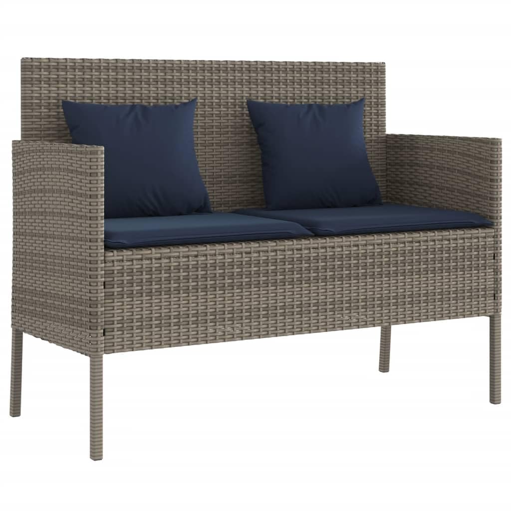 vidaXL Outdoor Patio Bench with Storage and Cushions - Gray Poly Rattan, Powder-Coated Steel Frame, Navy Blue Polyester Cover