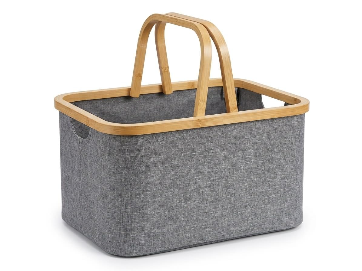 LoongZDD Bamboo Storage Basket with Handles, 45L Large OpenTop Fabric Organizer Bin for Blankets, Toys, Towels and Closet Shelv