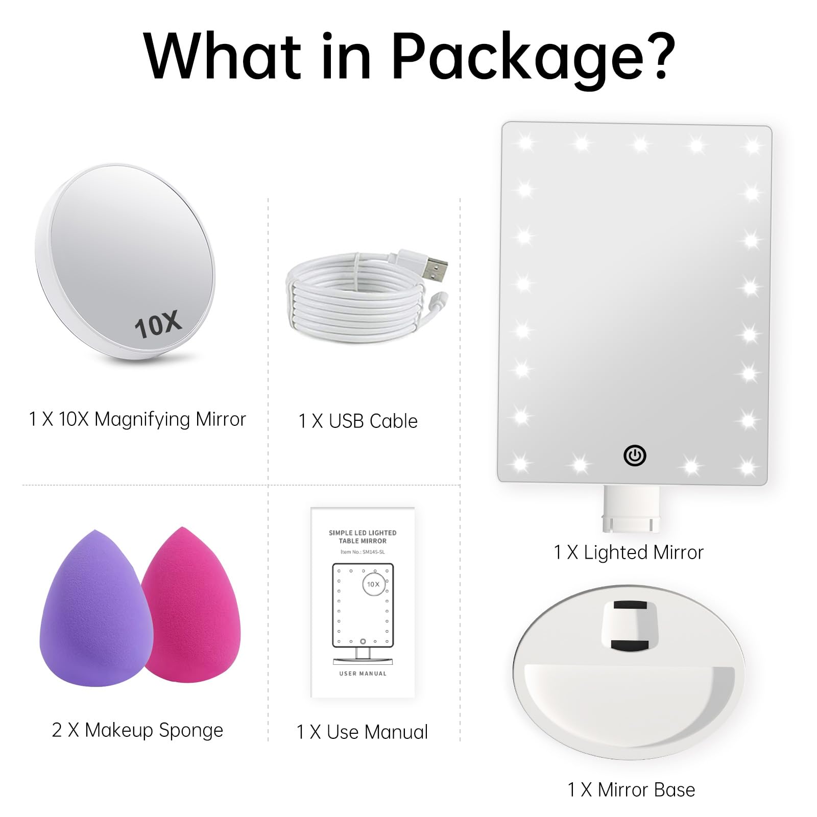 Cosmirror Lighted Makeup Vanity Mirror With 10X Magnifying Mirror And Makeup Sponge, 21 Led Light Up Mirror With Touch Sensor Di