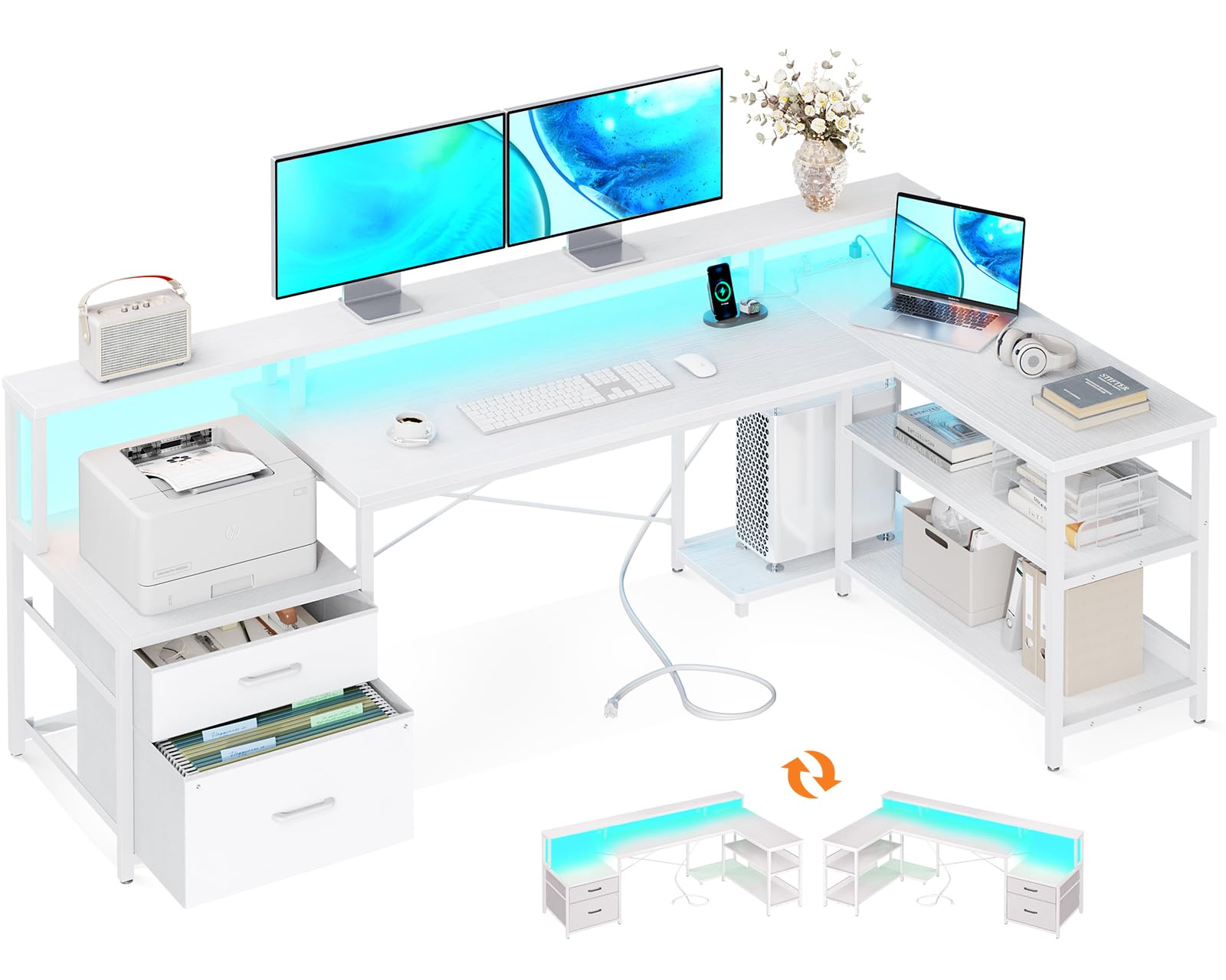 Odk L Shaped Desk With File Drawer, 75' Reversible L Shaped Computer Desk With Power Outlet & Led Strip, Home Office Desk With Storage Shelves, Gaming Desk With Monitor Shelf, Corner Desk, White