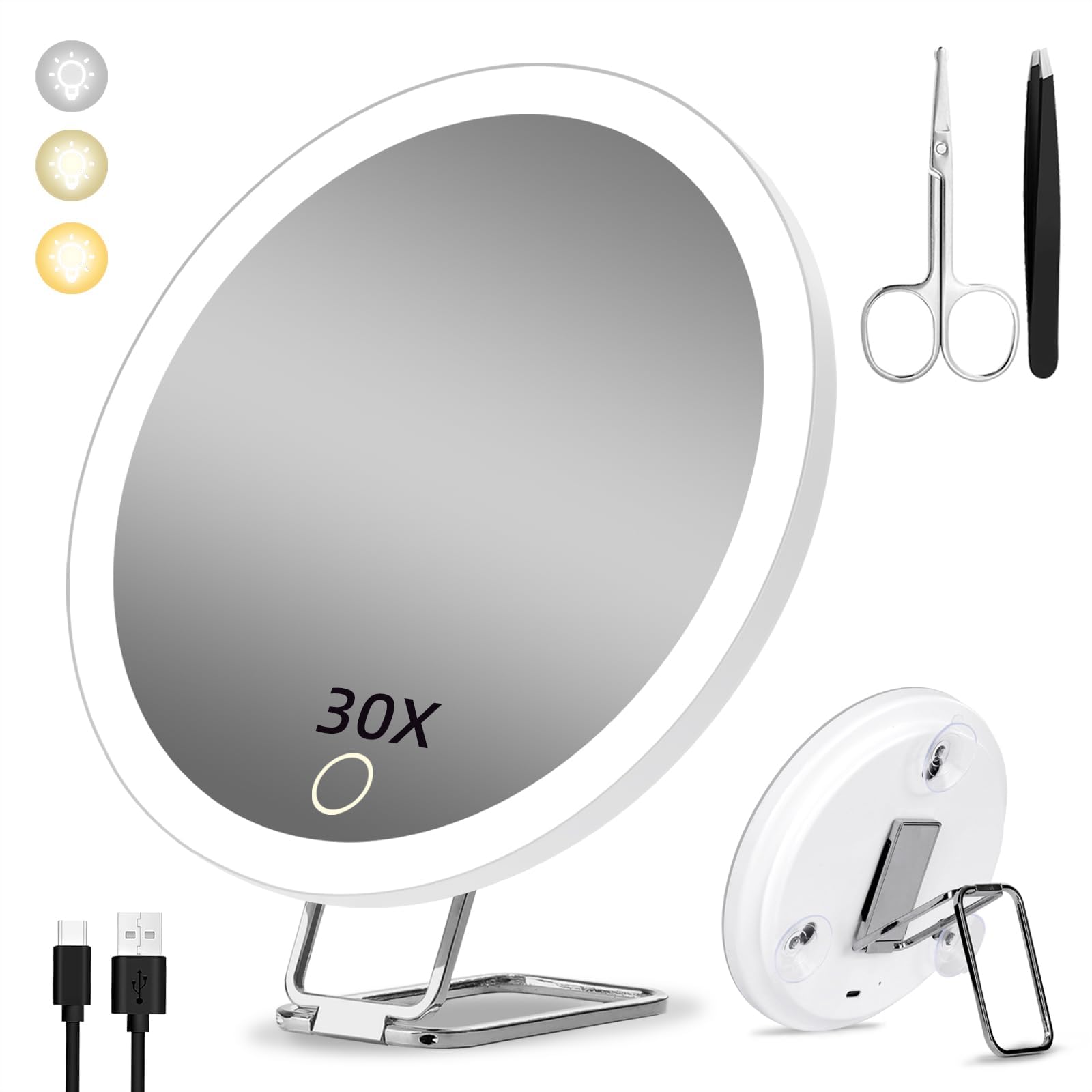 Magnifying Mirror with Light 30X, Large 6 Rechargeable 3 Colors Modes Dimming Lighted Makeup Mirror with 30X Magnification, LED 
