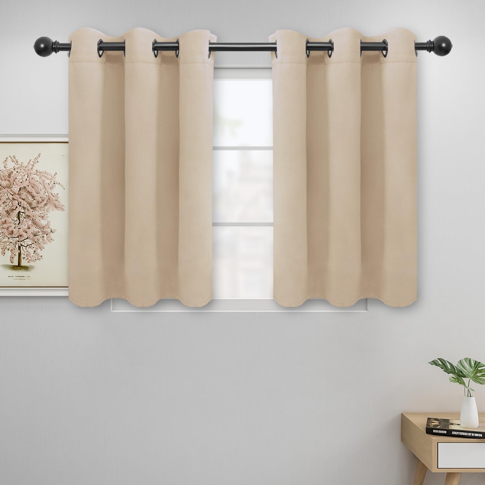 Easy-Going Blackout Curtains For Bedroom, Solid Thermal Insulated Grommet And Noise Reduction Window Drapes, Room Darkening Curtains For Living Room, 2 Panels (42X36 In, Beige)