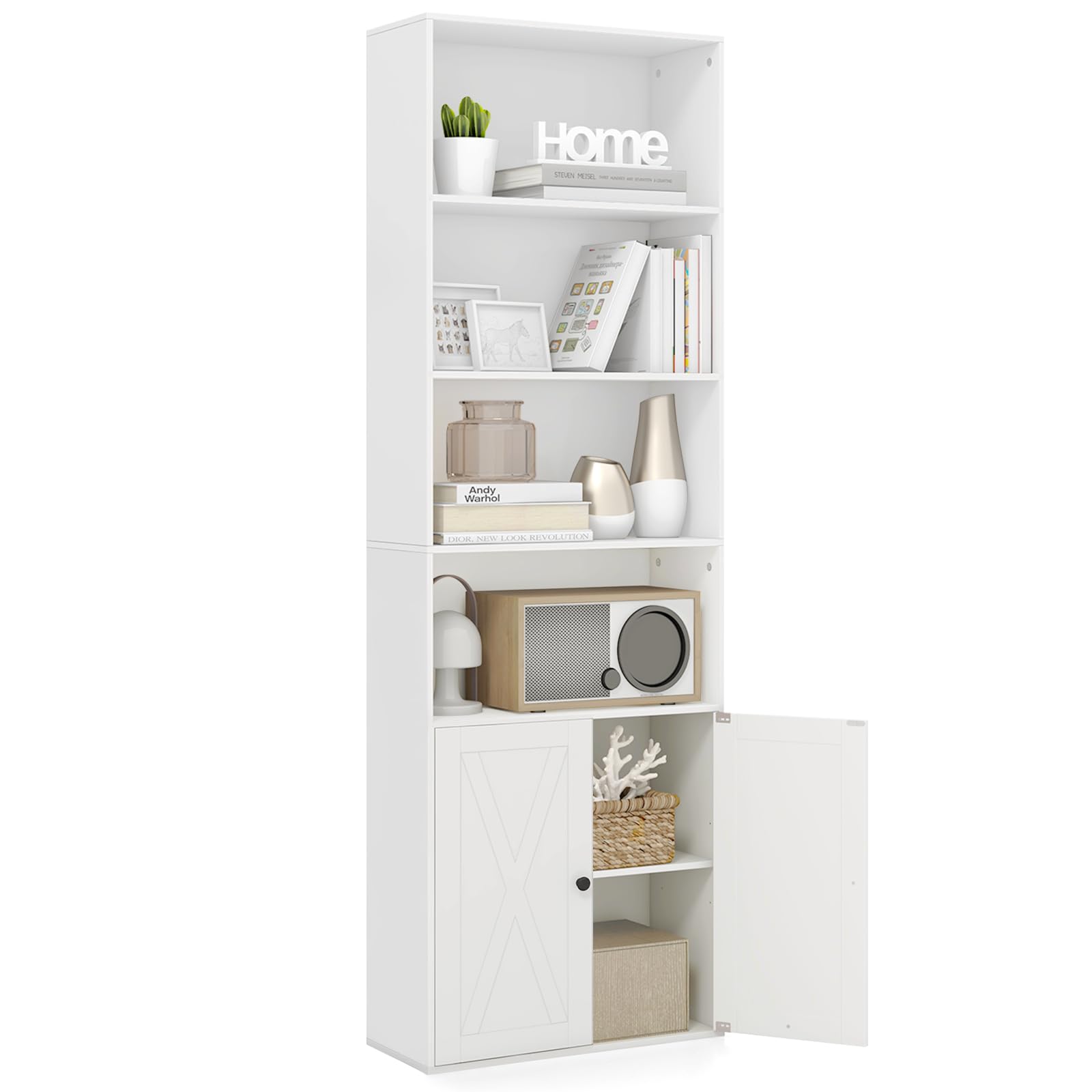 Giantex 71  Tall Bookcase with Doors, Modern 4-Tier White Bookshelf with Anti-Tipping Kits, Farmhouse Wooden Book Shelf with Sto