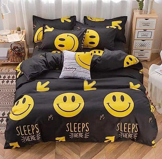 Femfairy 150 GSM Glace Cotton Kids Single Bed 250 TC Reversible Comforter/AC Blanket for Winter/Quilts/Duvet (Black Smile)