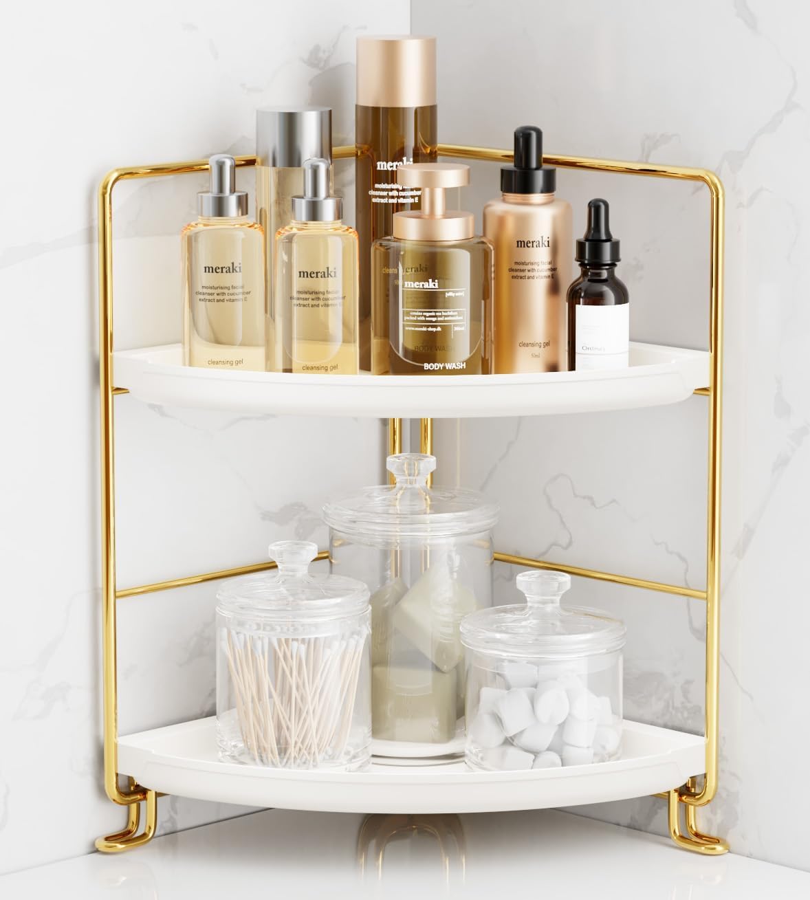 Kitwe 2Tier Corner Bathroom Counter Organizer, ToolLess Installation Vanity Shelf Small Plastics Countertop Makeup Tray Skinca