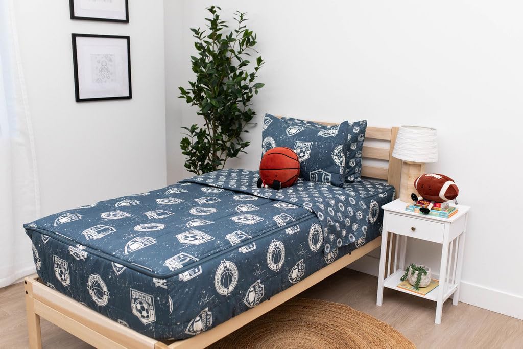 Beddy'S Sports Theme Boys Durable Zipper Bedding, Bed In A Bag, Blue Sheets With Baseball, Football, Basketball, Soccer Comforte
