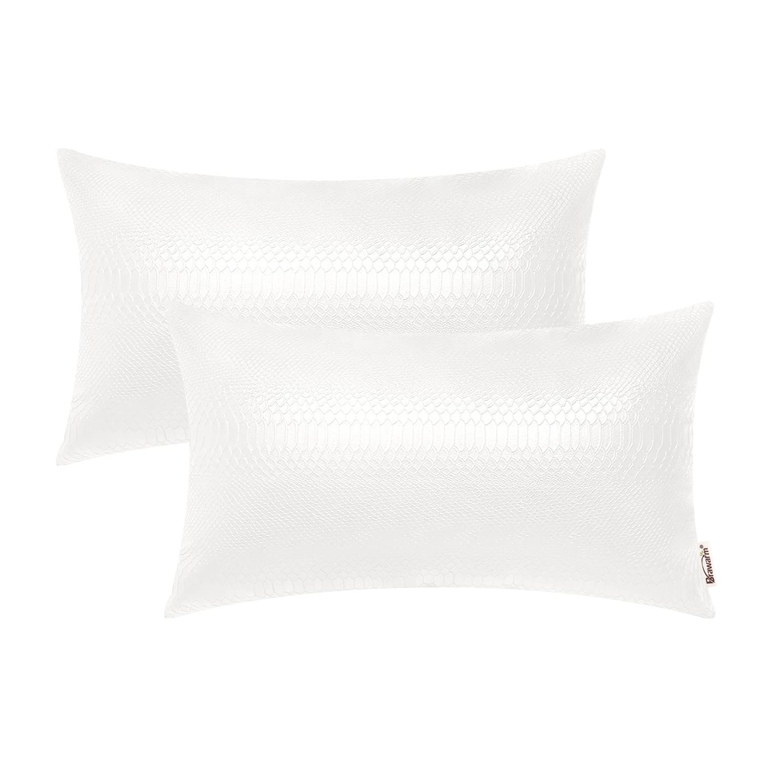 BRAWARM White Leather Throw Pillows 12 X 20 Inches, Snake Leather Pillow Covers Pack of 2, Faux Leather Decorative Lumbar Pillow