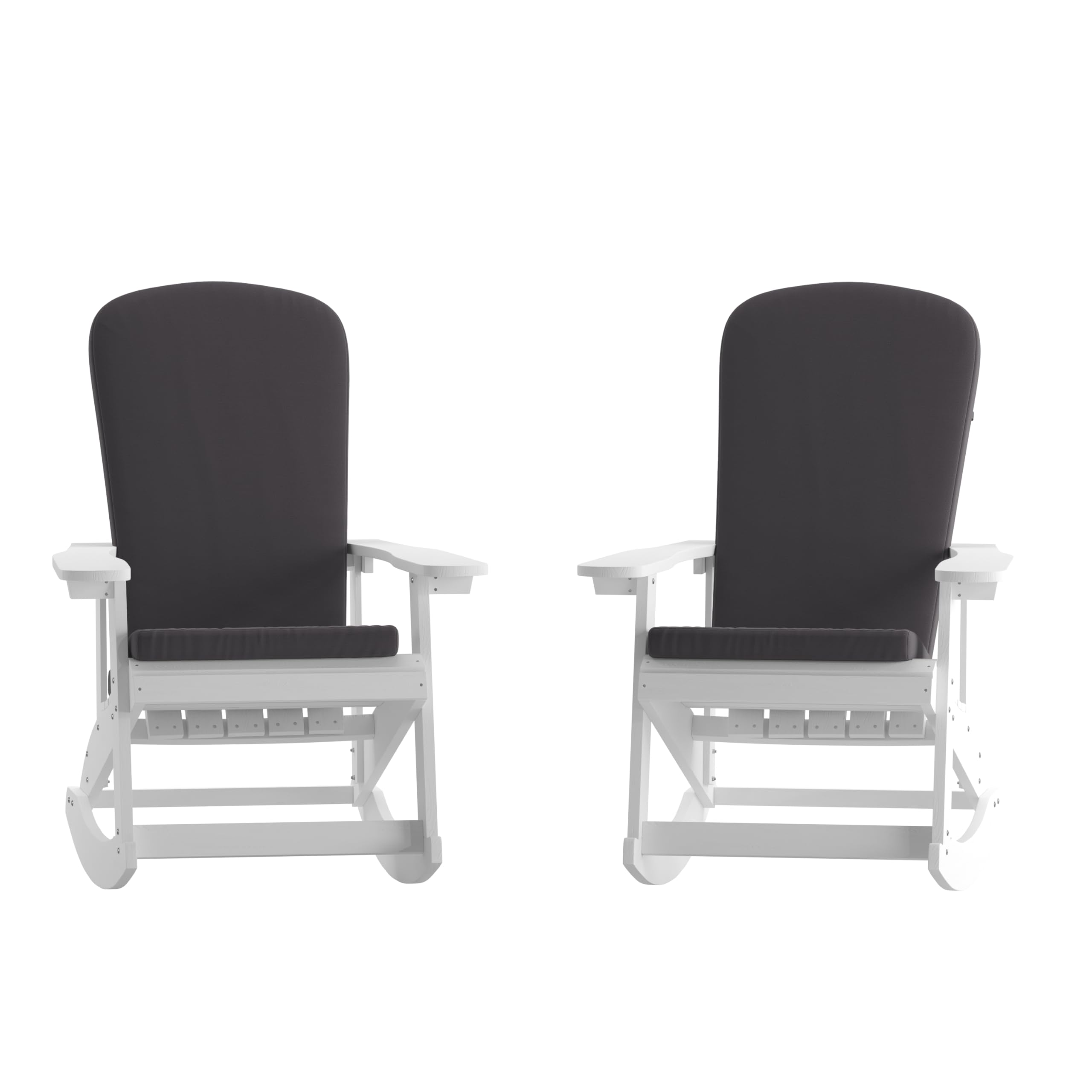 Set of 2 Adirondack Rocking Chairs in White with Gray Cushions, Porch, and Patio