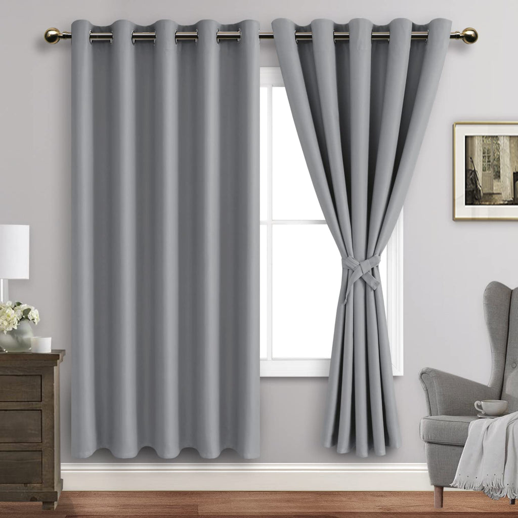 Jiuzhen Light Grey Blackout Curtains With Tiebacks Thermal Insulated, Light Blocking Noise Reducing Grommet Curtains For Bedroom And Living Room, Set Of 2 Window Curtain Panels, 60 X 72 Inch Length