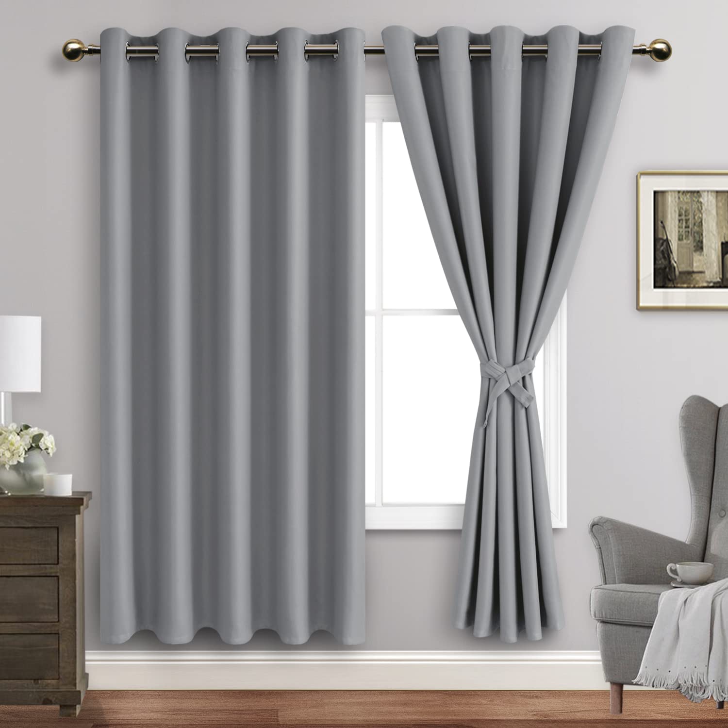 Jiuzhen Light Grey Blackout Curtains With Tiebacks Thermal Insulated, Light Blocking Noise Reducing Grommet Curtains For Bedroom And Living Room, Set Of 2 Window Curtain Panels, 60 X 72 Inch Length