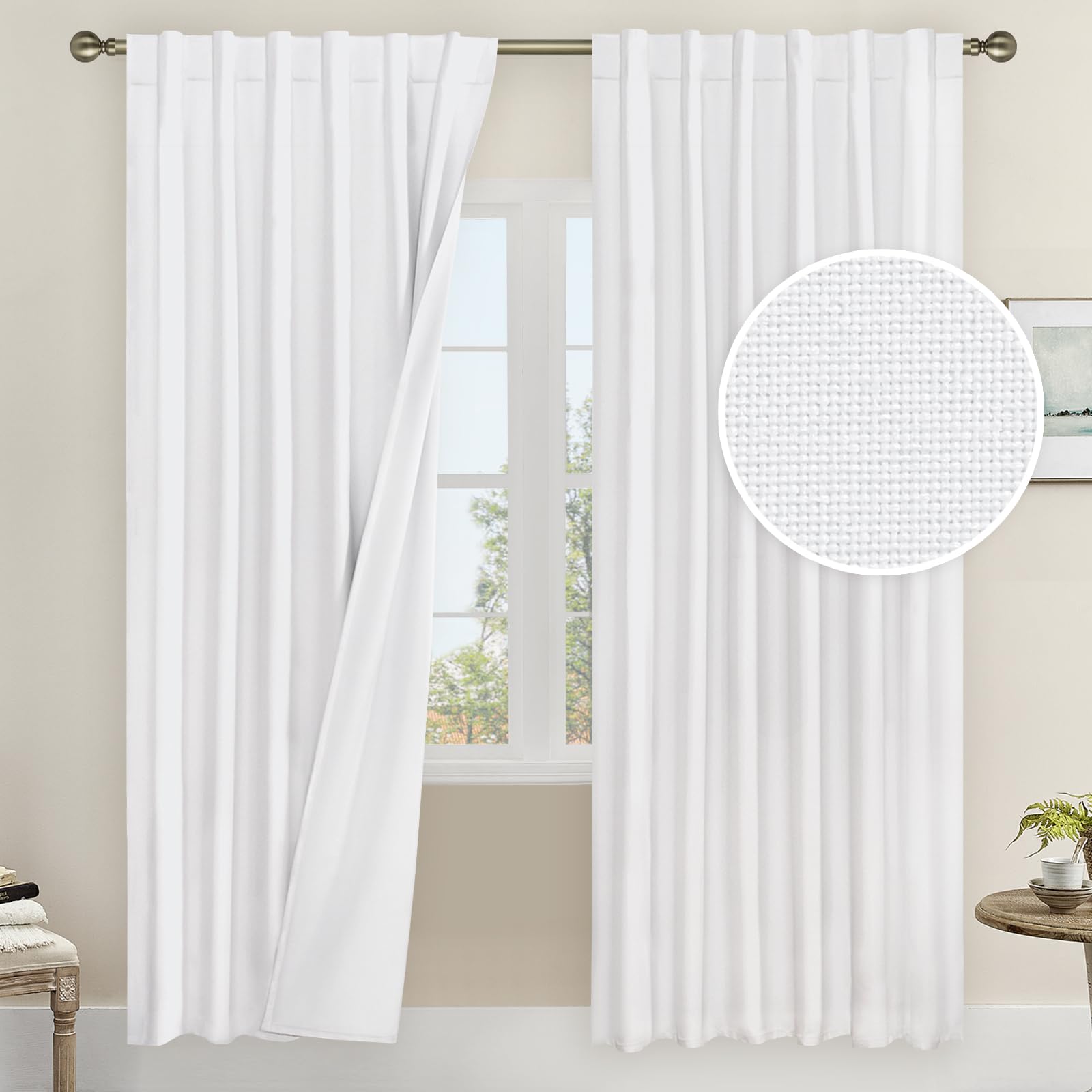 Lamit White 100% Blackout Linen Curtains, 72 Inches Linen Textured Living Room Farmhouse Curtains Full Room Darkening Back Tab A