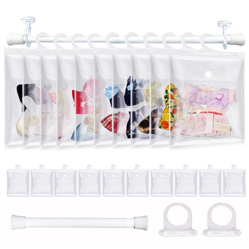 10 Pack Clear Doll Clothes Storage Bags with Hanging Rod & Hooks, Compatible with Labubu Clothes - PVC Transparent Organizer Set