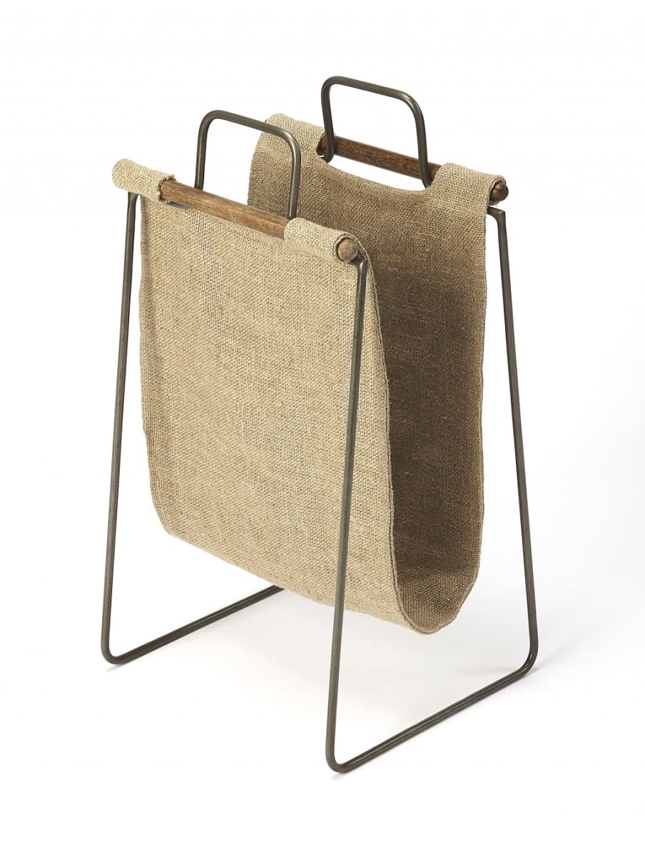 HomeRoots Beige Iron (Distressed Silver Finish), Cotton Hanging Burlap and Iron Magazine Rack