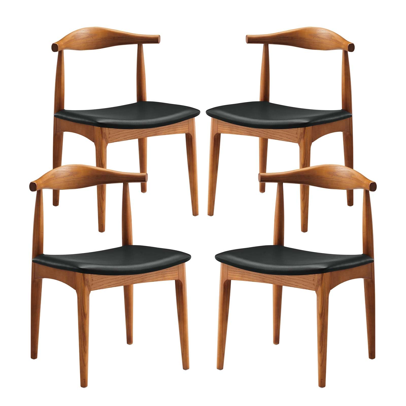 Modway Tracy Mid-Century Modern Wood and Faux Leather Upholstered Four Dining Chairs in Black