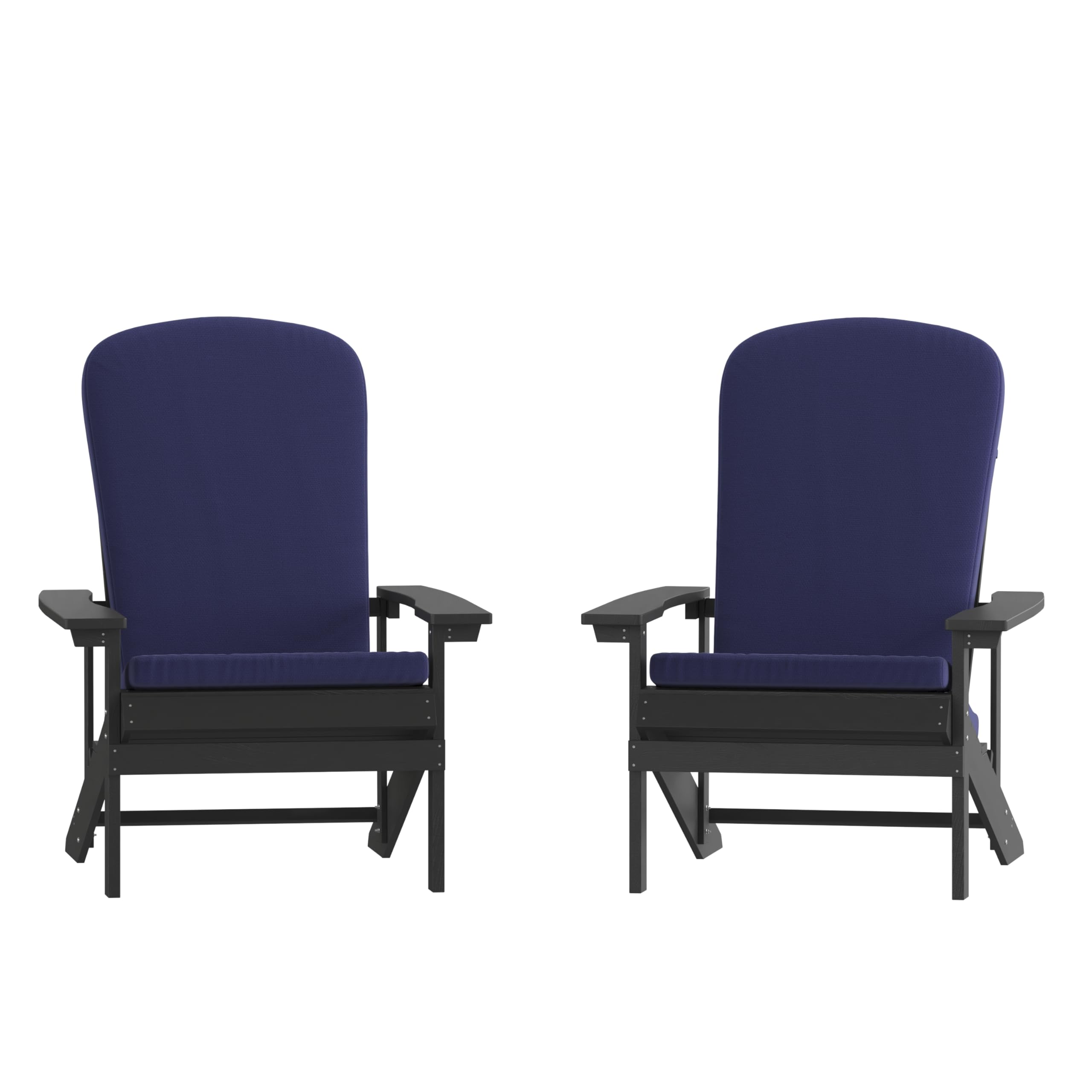 Set of 2 Adirondack Chairs in Slate Gray with Blue Cushions, Porch, and Patio