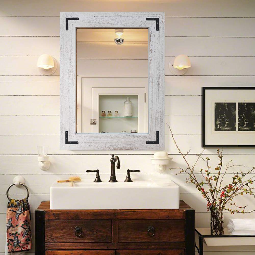 YOSHOOT Rustic Wooden Framed Wall Mirror, Natural Wood Bathroom Vanity Mirror for Farmhouse Decor, Vertical or Horizontal Hangin