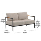 Flash Furniture Lea Indoor/Outdoor Patio Loveseat with Cushions-Modern Aluminum Framed Loveseat with Teak Accent Arms, Black with Beige Cushions