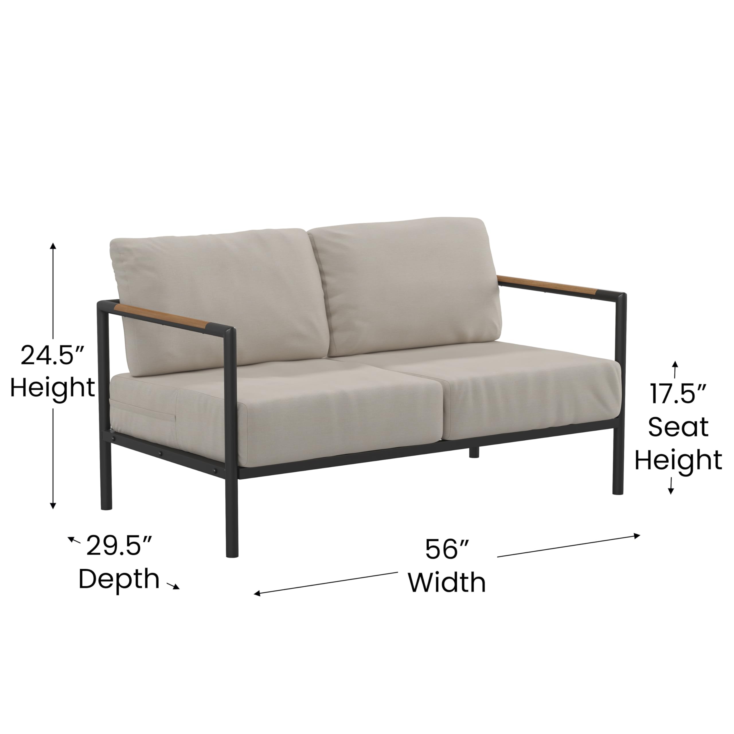 Flash Furniture Lea Indoor/Outdoor Patio Loveseat with Cushions-Modern Aluminum Framed Loveseat with Teak Accent Arms, Black with Beige Cushions