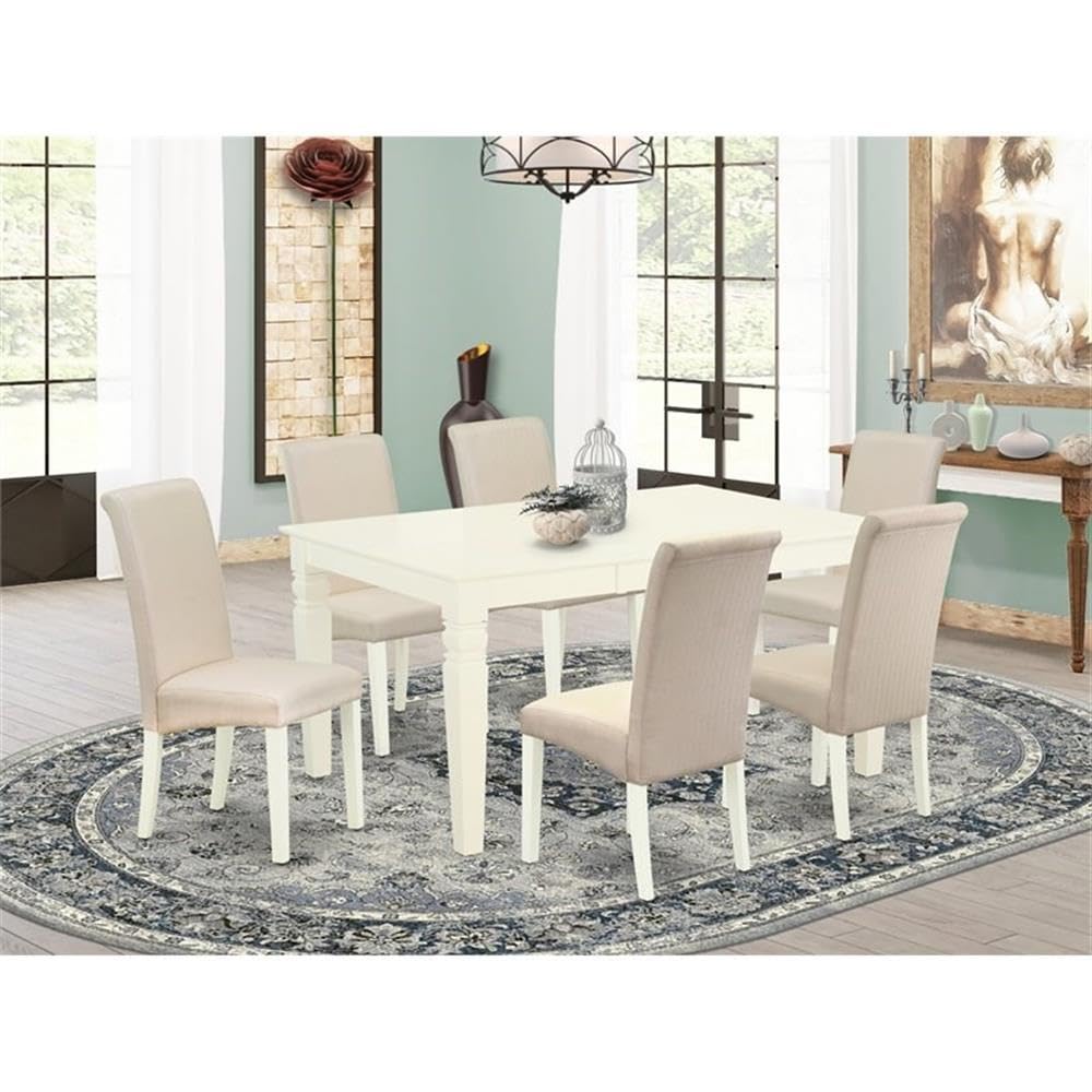 East West Furniture Weba7-Whi-01 7 Piece Dining Table Set Consist Of A Rectangle Kitchen Table With Butterfly Leaf And 6 Cream Linen Fabric Upholstered Chairs, 42X60 Inch, Linen White