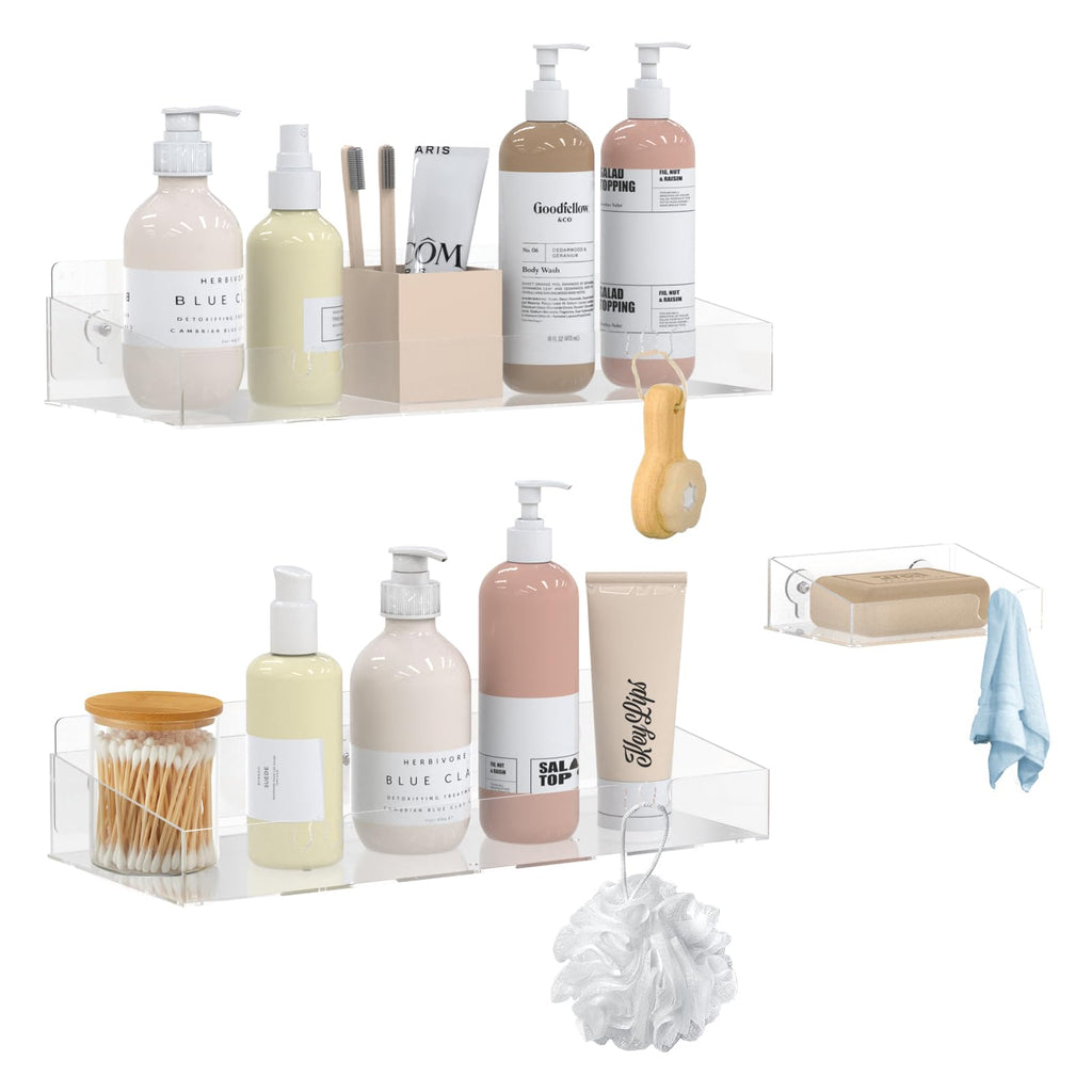 Durmmur Acrylic Shower Caddy with Soap Dish, 3Pack Clear Adhesive Bathroom Shower Shelves Organizer, Transparent Floating Shelf 