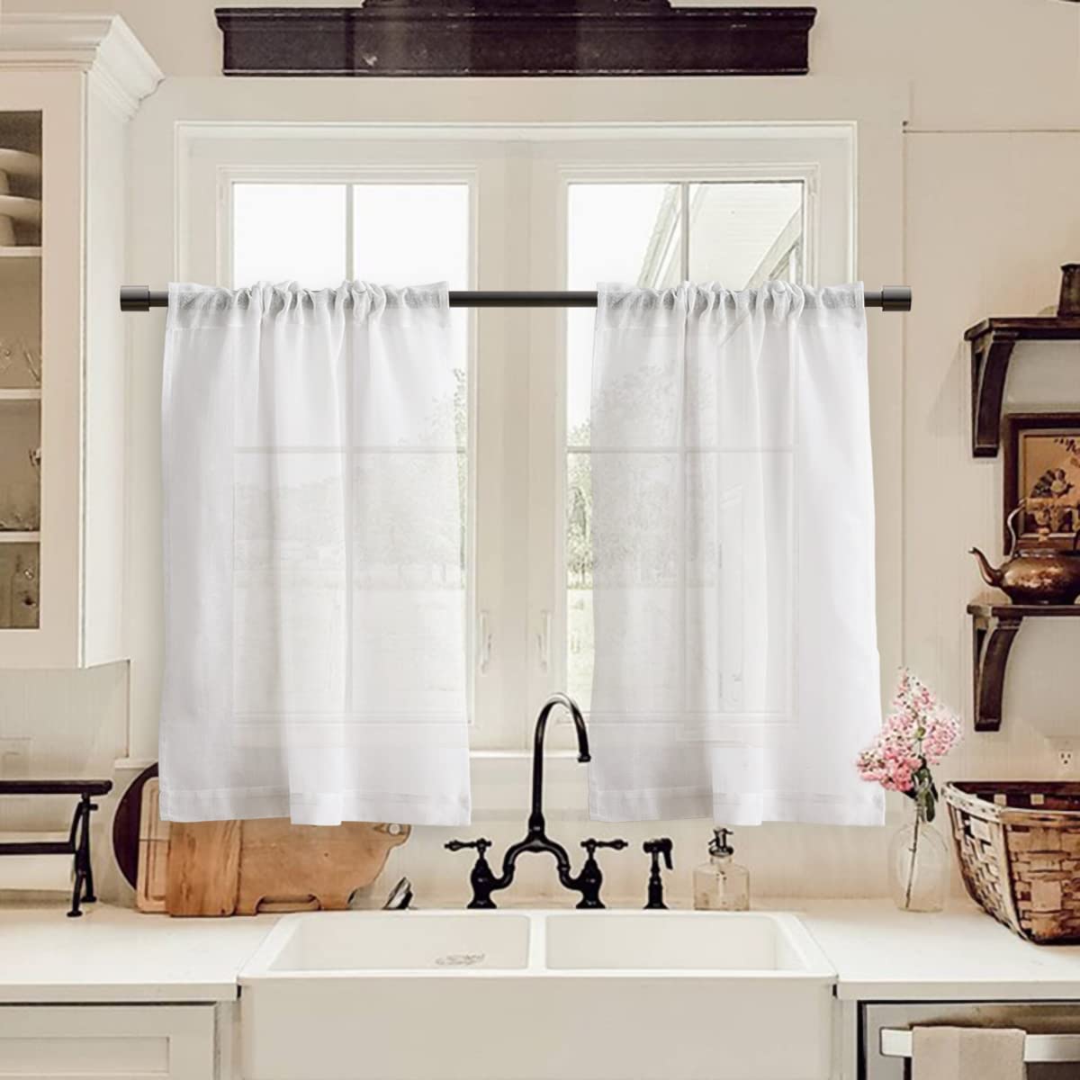 Xtmyi Window Treatment Short Semi Sheer Curtains 36 Inches Long Rod Pocket Farmhouse Bohemian Light Filtering White Transparent