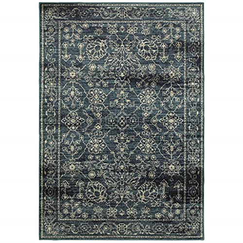 HomeRoots Polypropylene 7' x 10' Navy Beige Machine Woven Oriental Indoor Area Rug