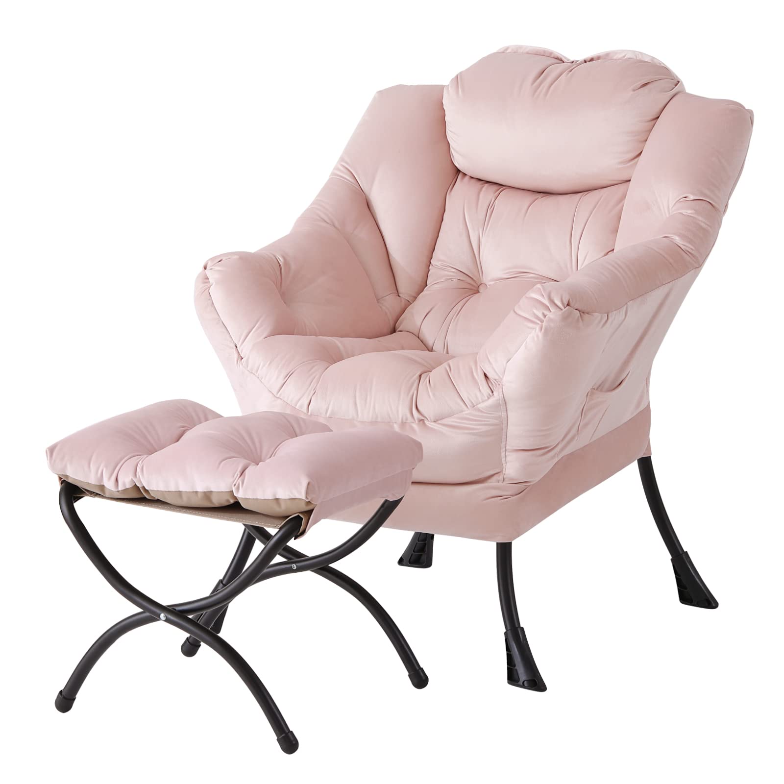 Welnow Lazy Chair With Ottoman, Modern Lounge Accent Chair With Armrests And A Side Pocket, Leisure Upholstered Sofa Chair Set, Reading Chair With Footrest For Small Space, Corner Chair, Pink
