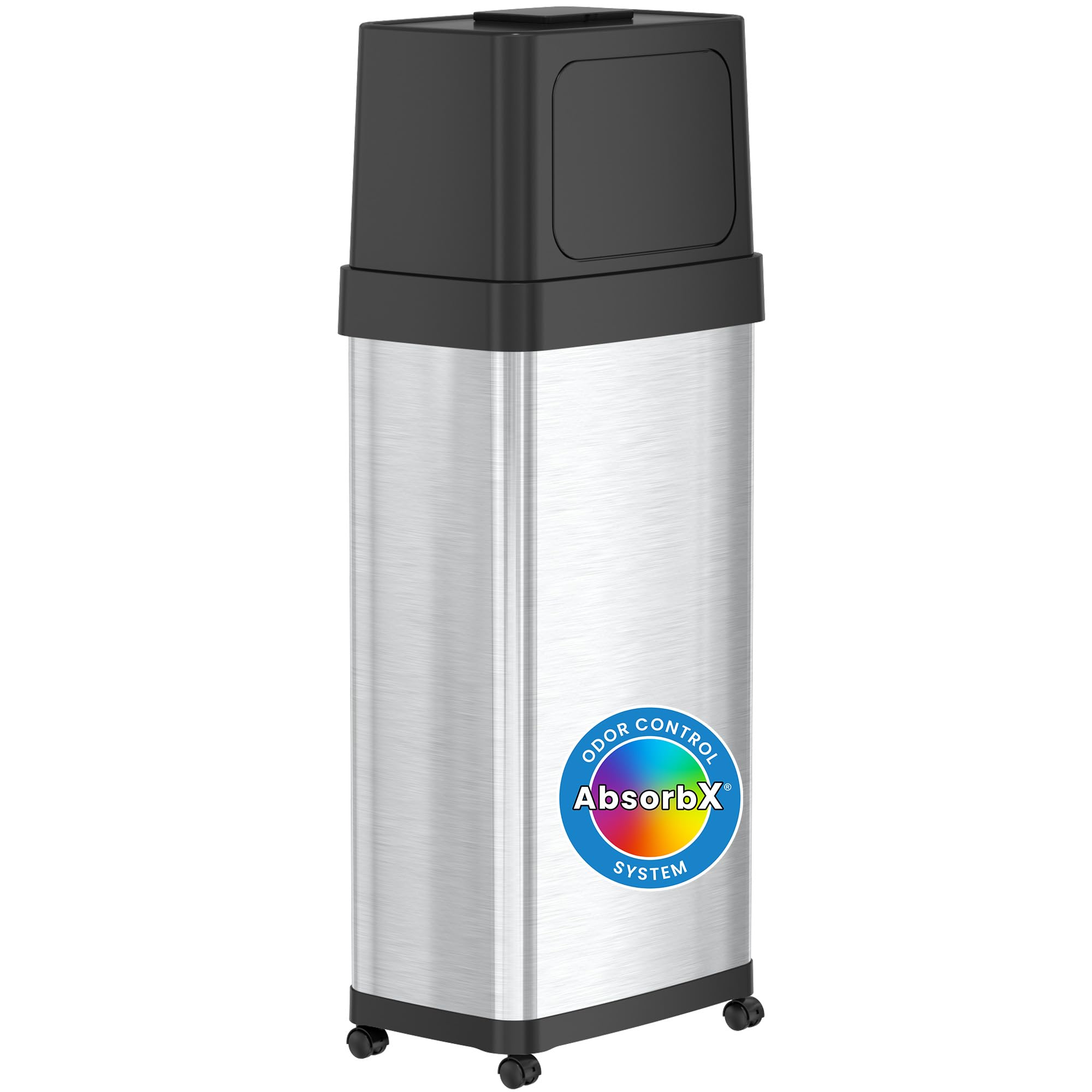 iTouchless 24 Gallon Dual Push Open Trash Can with Wheels and AbsorbX Odor Filter, 91 Liter Swing Flip Doors Rectangular Stainle