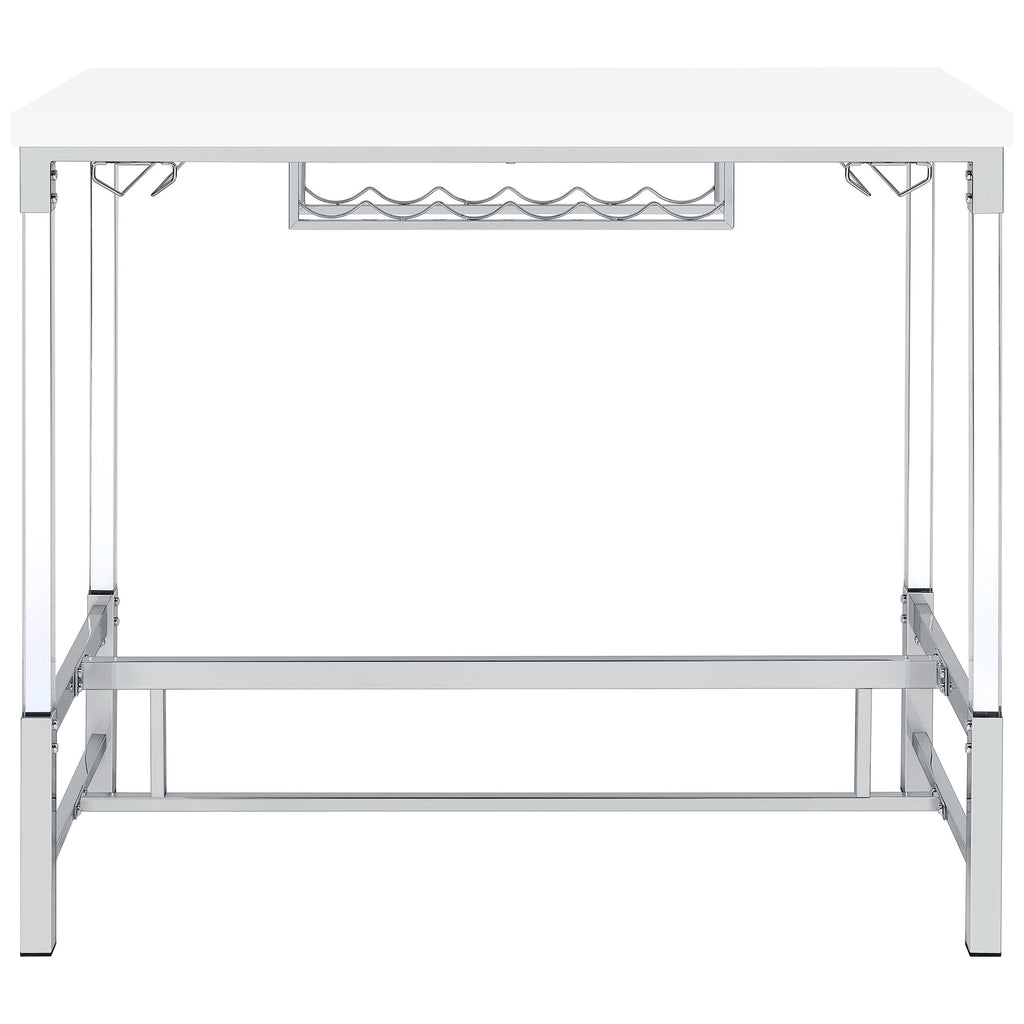 Coaster Home Furnishings Norcrest Pub Height Bar Table with Acrylic Legs and Wine Storage White High Gloss
