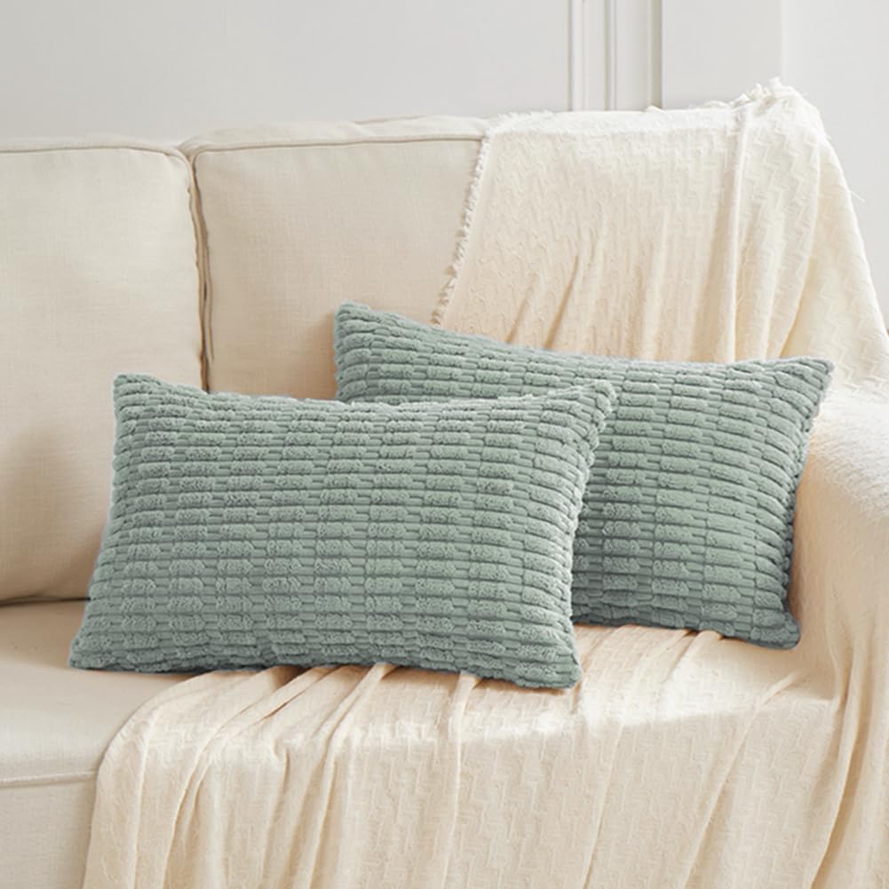 Fancy Homi Pack Of 2 Grey Blue Lumbar Decorative Throw Pillow Covers 12X20 Inch For Living Room Couch Bedroom, Soft Corduroy Rec