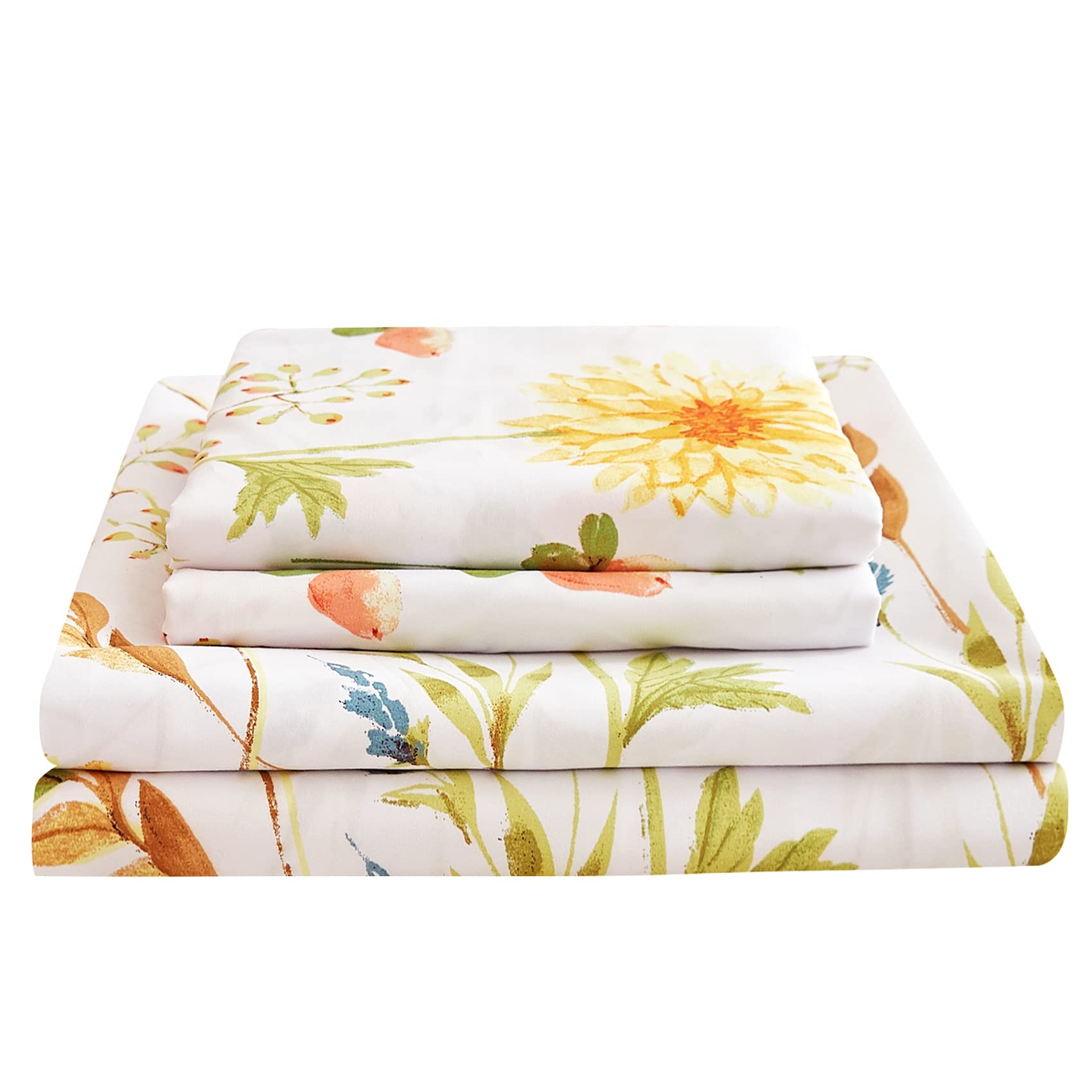 Jsd Yellow Floral Printed Sheet Set Cal King, 4 Piece Soft Botanical Microfiber Bedding Sheets Extra Deep Pocket