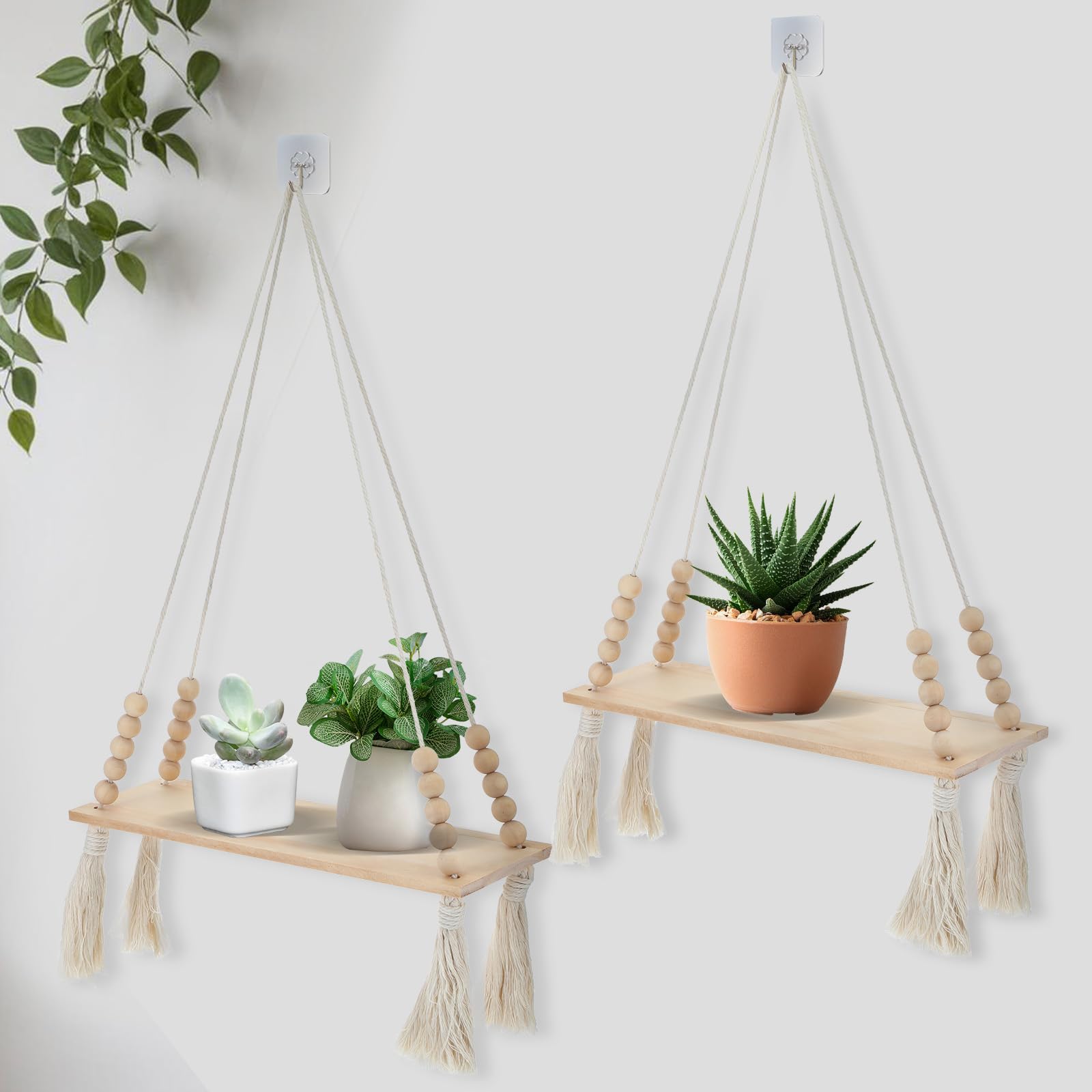 2 Pcs Wooden Wall Hanging Shelves, Macrame Hanging Plant Shelf With Tassel,Boho Storage Floating Shelves Handmade Rustic Hanger 