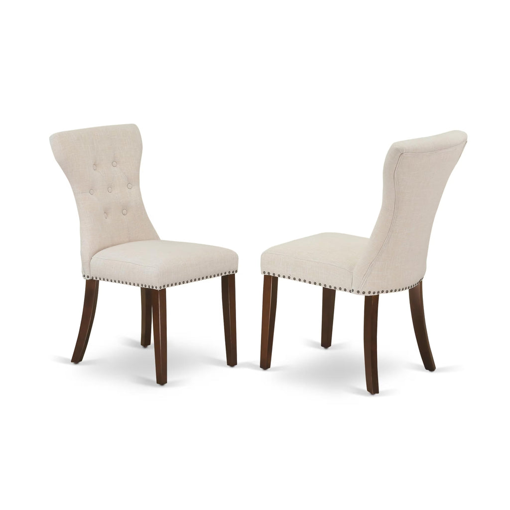 East West Furniture DMGA3-MAH-32 3 Piece Dining Set Contains a Round Dining Room Table with Dropleaf and 2 Light Beige Linen Fabric Upholstered Chairs, 42x42 Inch, Mahogany