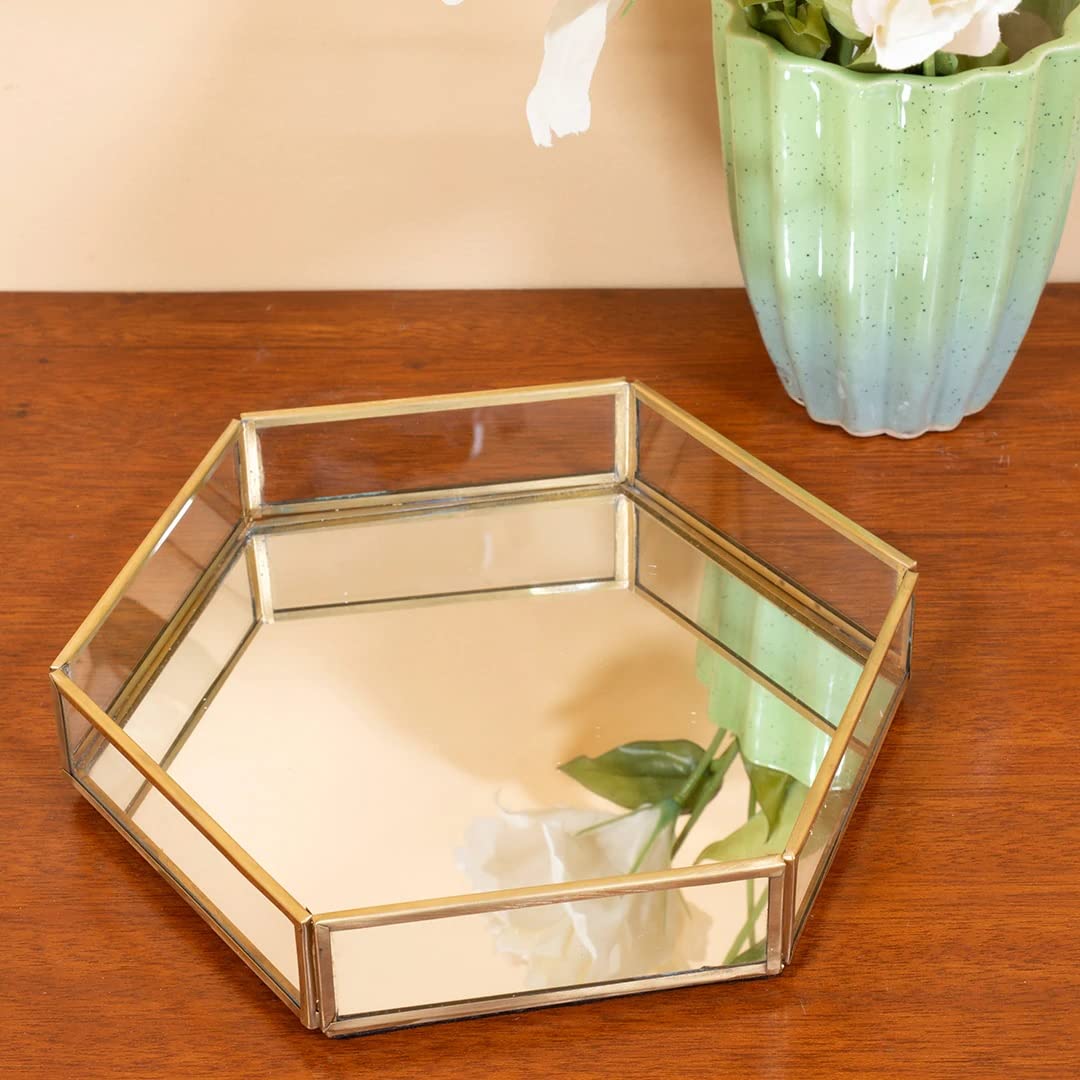 Artinco Vintage Glass & Brass Vanity Tray, Hexagonal Home Table Decoration, Makeup Organizer, Vanity Tray, Brass Gold 8X9X1.5 In