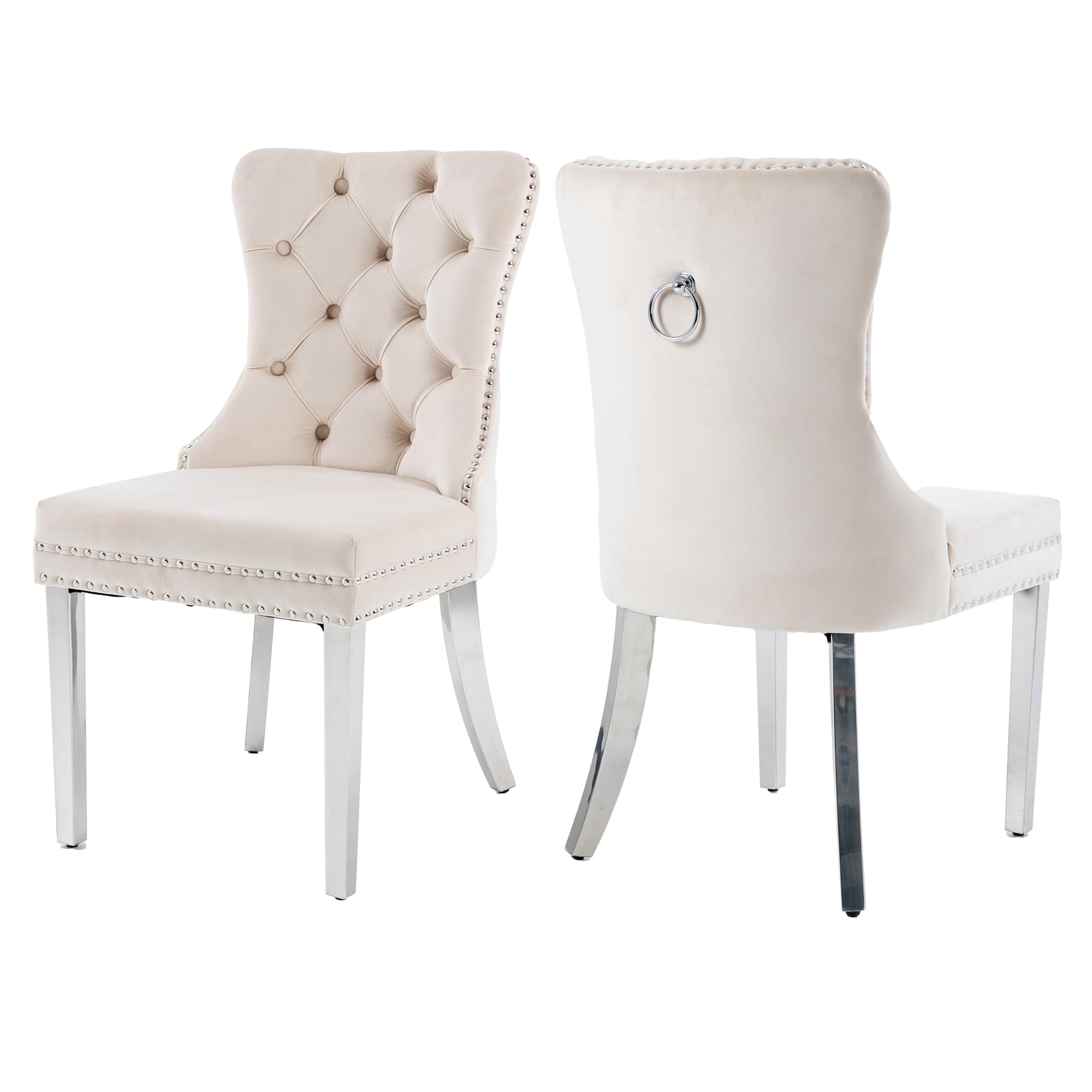 Goolon Dining Room Chairs Set Of 2, Button Tufted Velvet Chairs With Modern Stainless Steel Legs, Rivet Trim Metal Pull Ring Lar