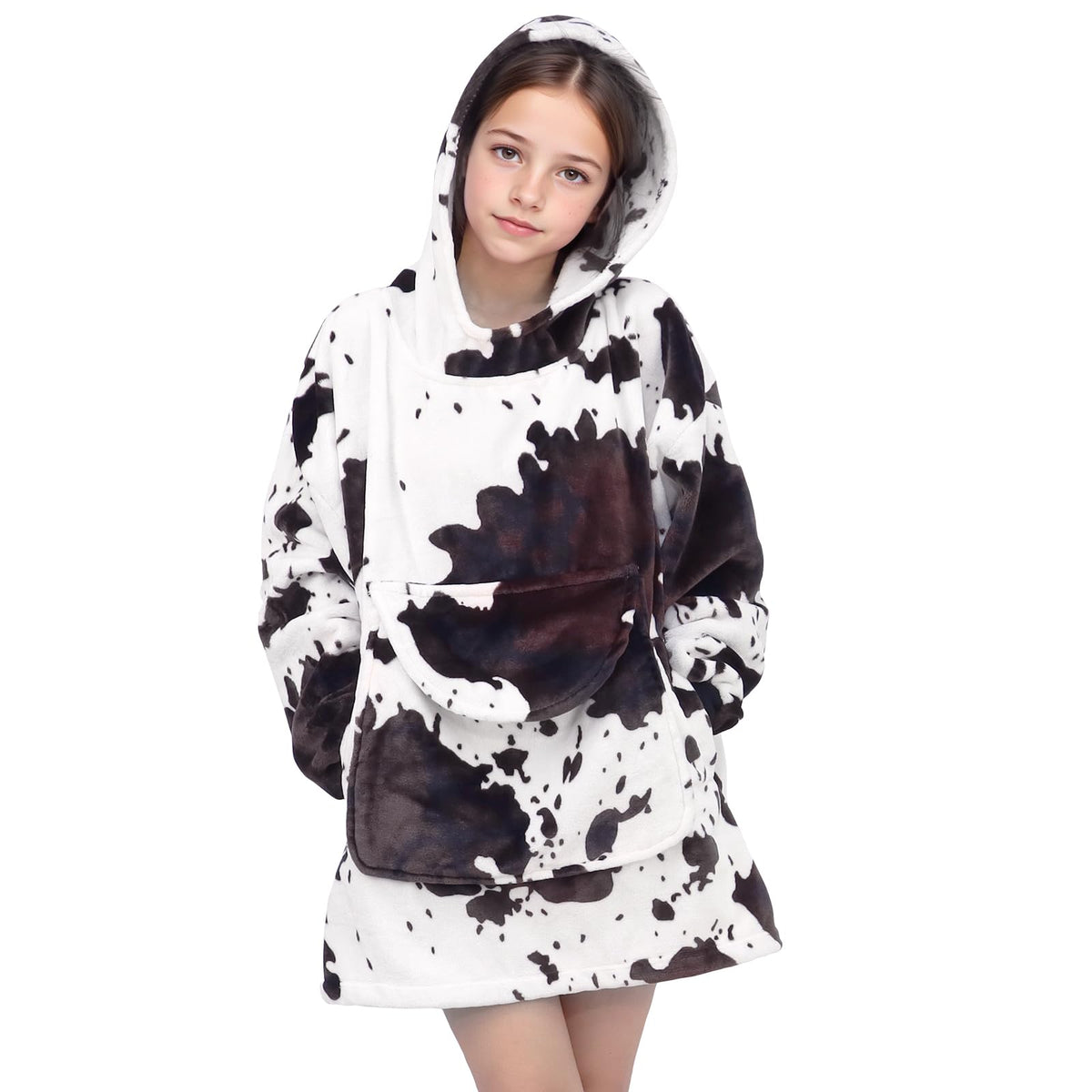 Cow Print Wearable Blanket Hoodie Cozy Soft Brown And White Oversize Sweatshirt Blanket Hoodies Gifts For Teens Girls Boys 6-13