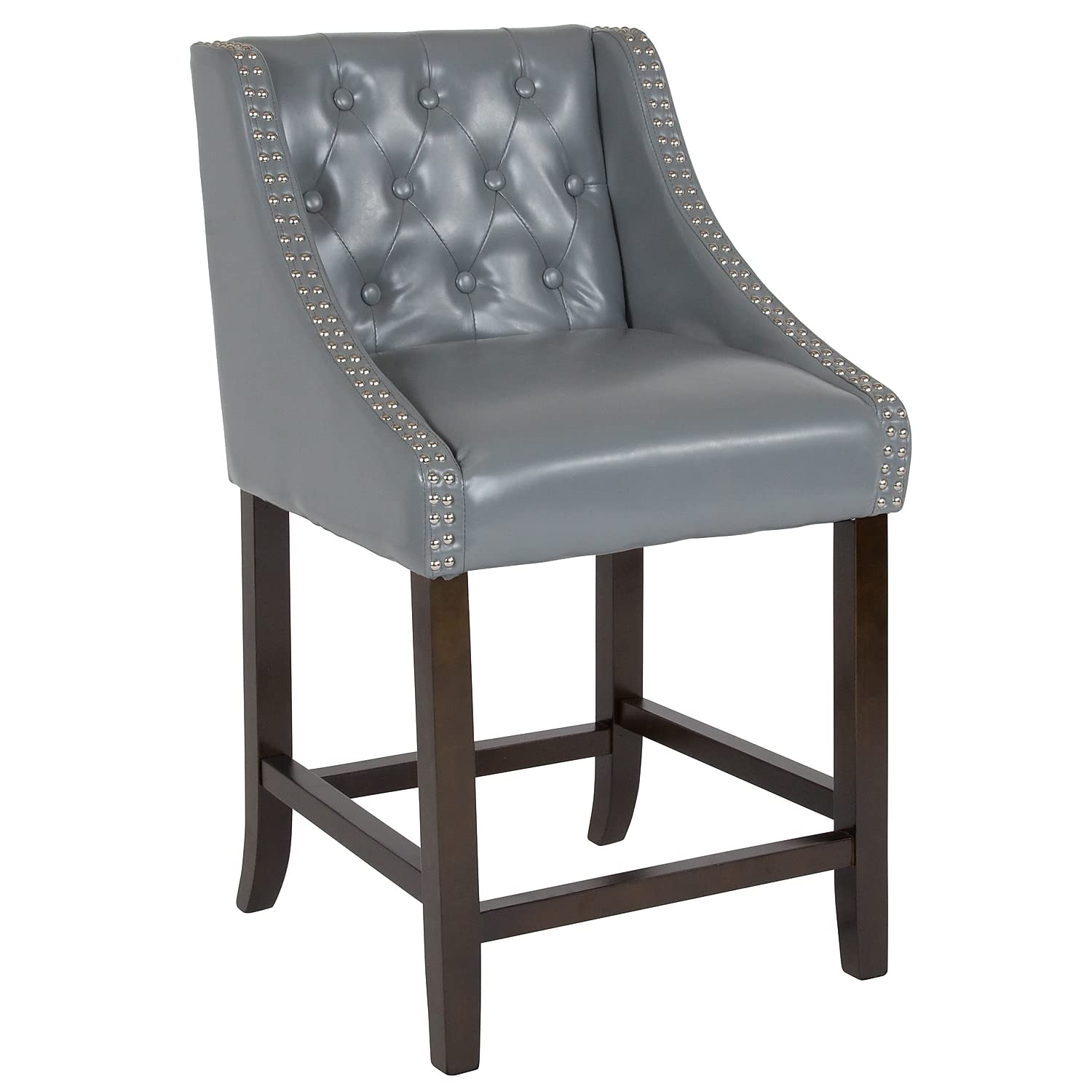 Flash Furniture Carmel Series 24' High Transitional Tufted Walnut Counter Height Stool With Accent Nail Trim In Light Gray Leathersoft