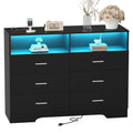 FJTJBSI Dresser with Power Outlets and LED Lights Wooden 6 Drawer Dresser with Large Organizer Tall Black Drawer for Bedroom Mod