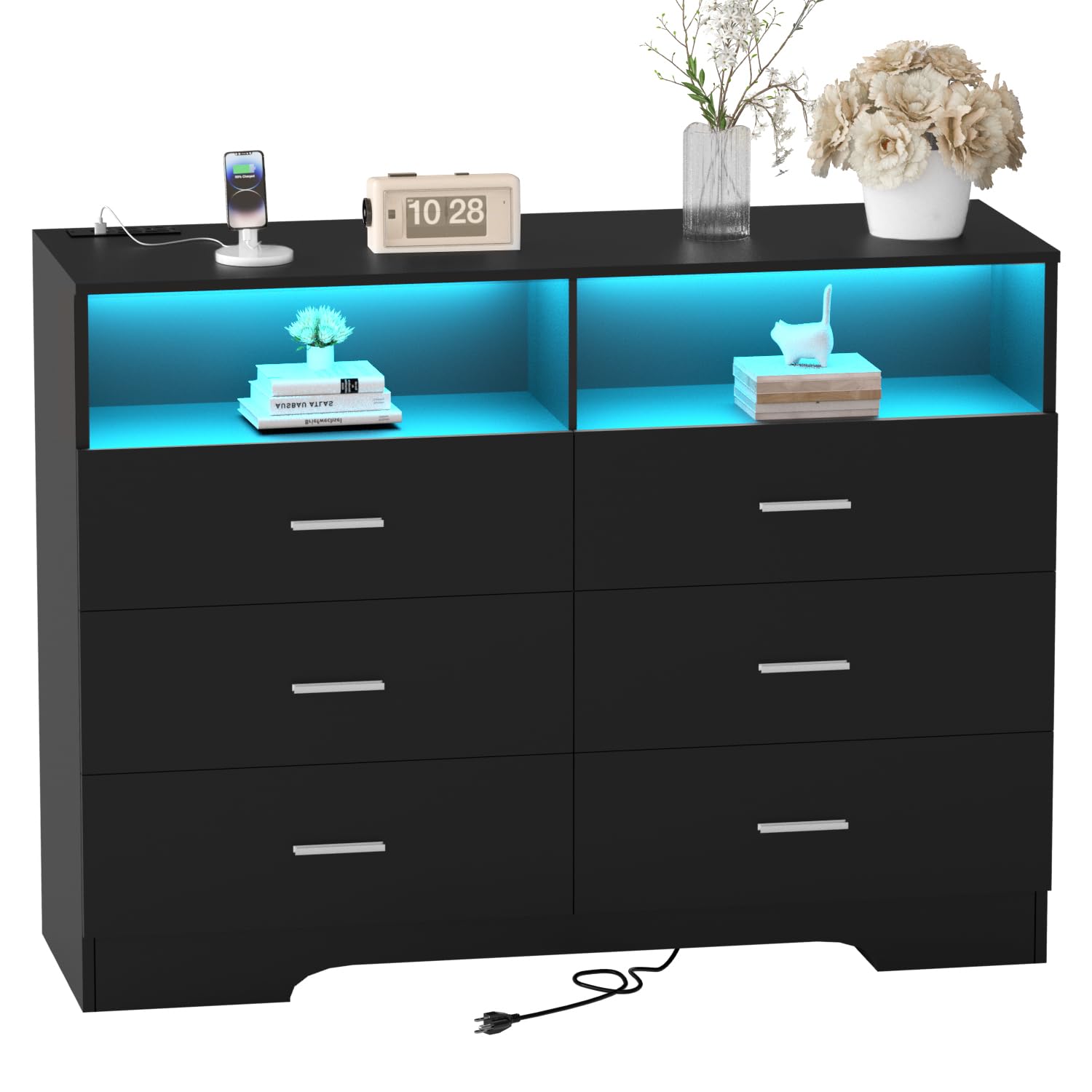 FJTJBSI Dresser with Power Outlets and LED Lights Wooden 6 Drawer Dresser with Large Organizer Tall Black Drawer for Bedroom Mod